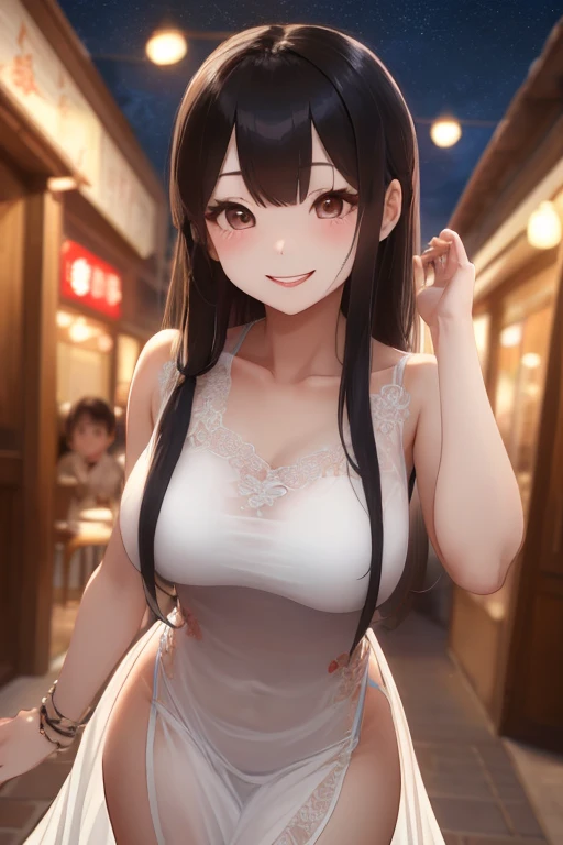 (Realistic), (Highest quality:1.4),(((Very detailed))), masterpiece, (((hyper Realistic))), Full photo, Walk happily, Photo from afar, Inside the shopping center, In the middle of the night, Mexican girls, Browsing Caution, Adult, Adult female, 30 years old, cute, (((Black Hair, Long Hair, Braiding))), Brown eyes, Big eyes, naked、Nipples, ((A kind smile, Kind Face, Provocative face, Provocative look)),Large Breasts