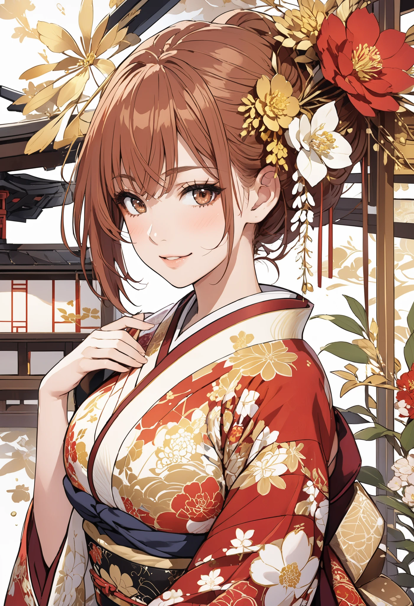 Misaka Mikoto（and a scientific railgun） design illustrations of beautiful young women wearing traditional Japanese costumes ,   Hair、 Hairショートヘヤー、black and red kimono with elaborate floral patterns and gold accents .very very very big breasts（Big Breasts：9.9）、 The characters have gentle expressions ,  backgrounds should incorporate intricate golden flower designs for a luxurious look、brown eyes、smile、満面のsmile、Flushing