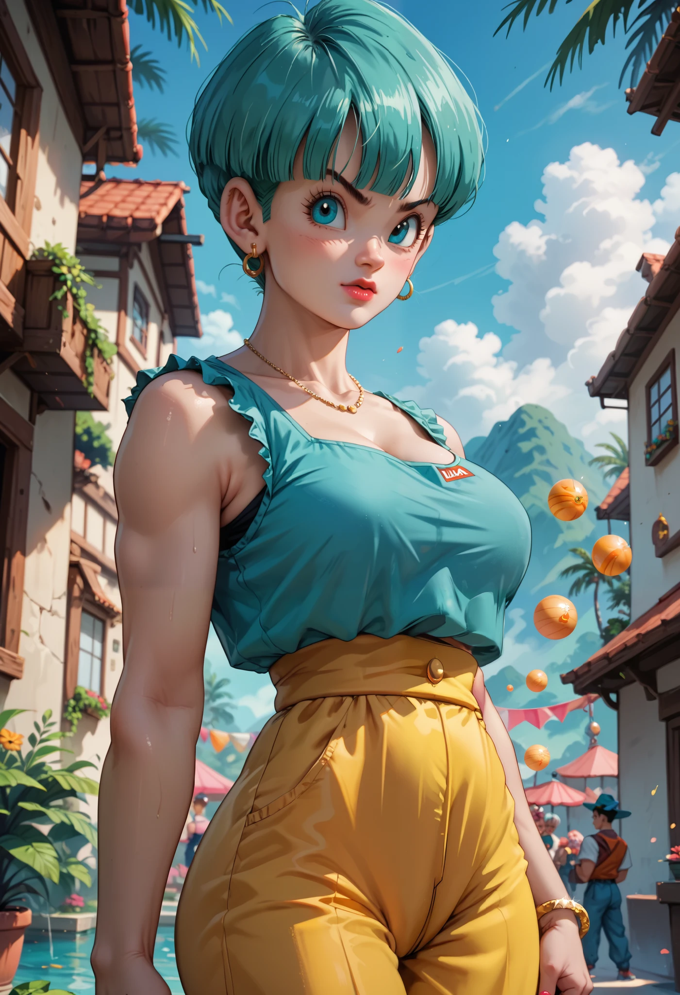 Bulma MILF costume, dragon ball style art, high level of detail