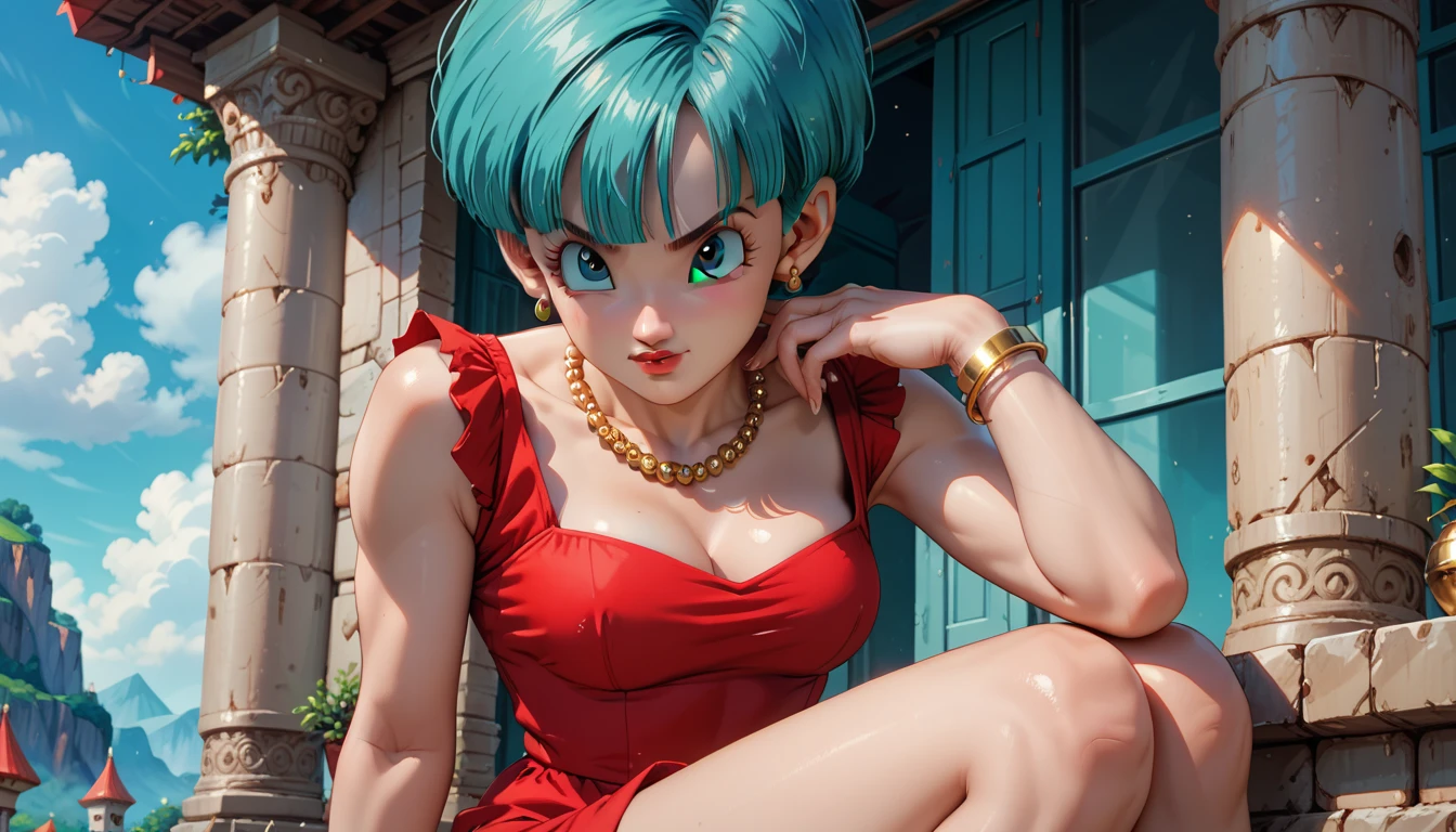 Kefla from dragon ballz, realistic, age 25, pure white skin, green pupils, green spiky hair, perfect face, perfect size body, perfect large breasts, red and black dress, posing to viewer, 8k , ultra realistic.