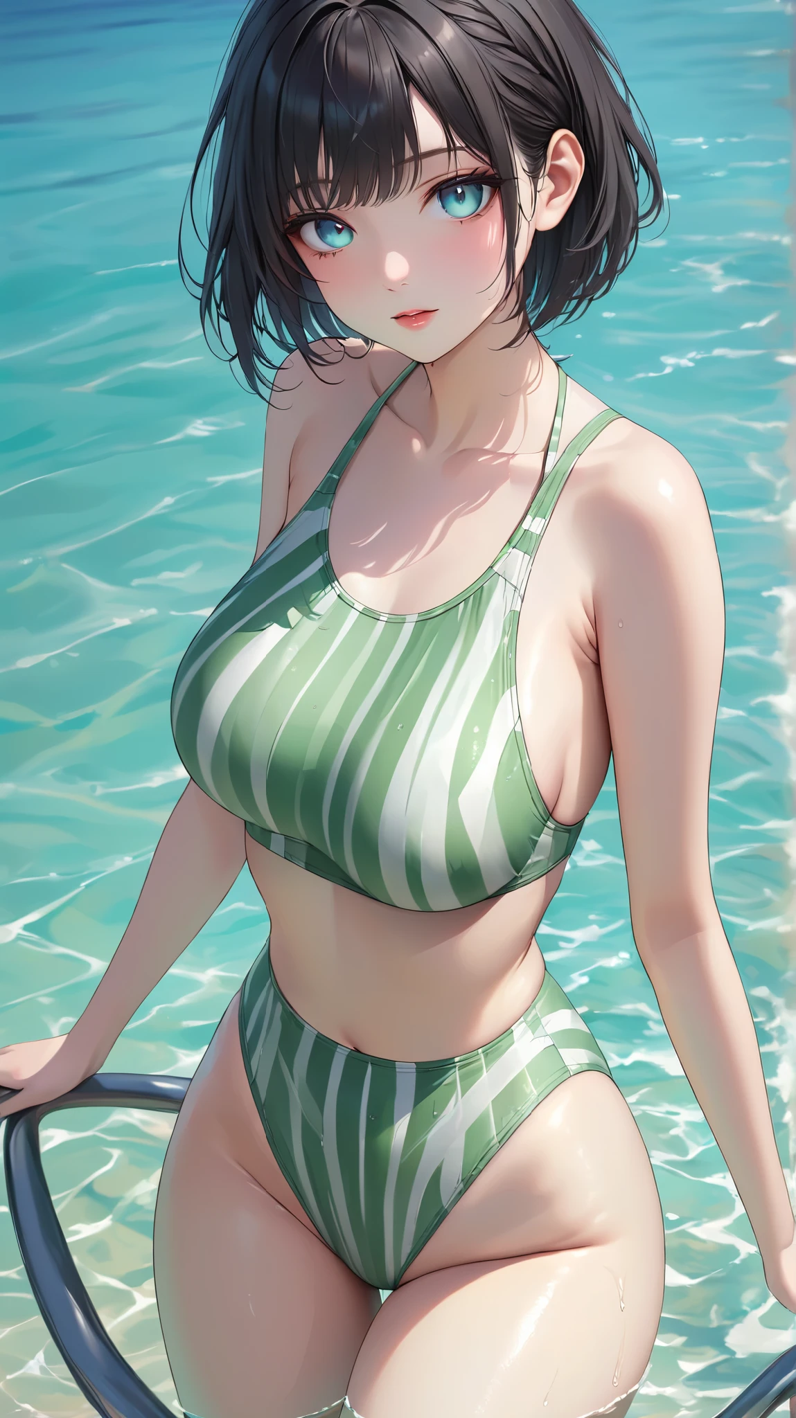 1 women,30year old women,blonde short hair,green eyes,medium breasts,Emerald green side-tie bikini bottom,on back,sleeping,beachside,