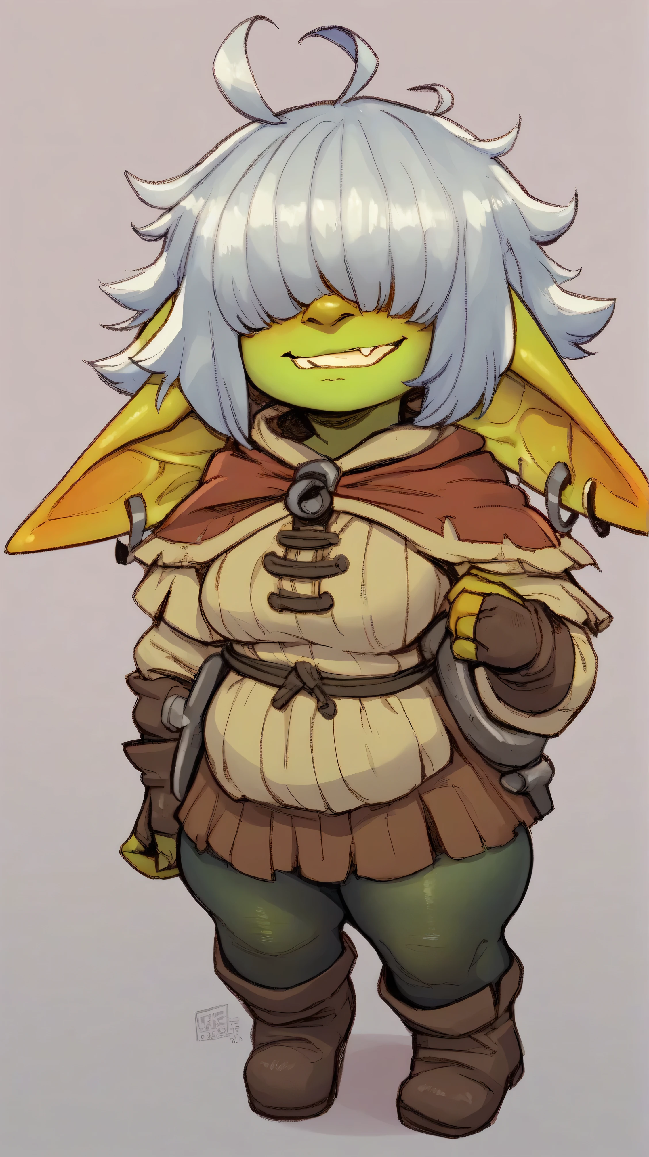 goblin, 1girl, green skin, earrings grin,, score_9, score_8_up, score_7_up, score_6_up, score_5_up, score_4_up, BREAK, ((shortstack)), ((chubby)), pointy long ears, short hair, wavy sidelocks, ((hair over eyes)), silver hair, wavy messy hair, ahoge, hair strand, merchant outfit, tunic, short hooded capelet, short skirt, ((black thighs)), black pantyhose, boots, fingerless gloves, looking at viewer, standing, left fang, closed mouth, hair ornament, jewelry