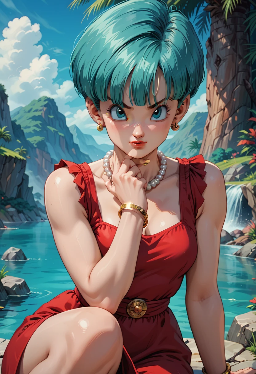 (ultra realistic,32k,RAW photo:1.1),(high detailed skin:1.1), 8k uhd, dslr, high quality, film grain, (makeup, mascara:1.1), lips,(thick\lips\),
(shiny glossy translucent clothing:1.1), <lora:bulma_9:0.7>dragon ball, blmshort, aqua hair, very short hair, earrings, jewelry, red dress, yellow scarf, short dress, sleeveless, <lora:add_detail:0.78>, huge breast,
(looking at viewer, sitting:1.1),,
(busty:1.1) , (chubby:0.1),(iridescence:1.1),<lora:LowRA:0.4>, dark theme, cavern, mysterious darkness, impressive stalactites
