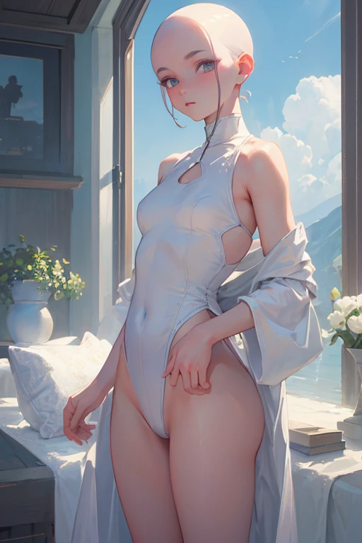Small loli（Background with：ponds，Cherry blossom forest，lotus flower）Lie underwater， She has short pink hair，seen from the front，， mostly cloudy sky，（（（tmasterpiece），（Very detailed CG unity 8K wallpaper），best qualtiy，cinmatic lighting，detailed back ground，beatiful detailed eyes，Bright pupils，Black eyes，Snow-whiteskin，Redlip（Very fine and beautiful），（Beautiful and detailed eye description），ultra - detailed，tmasterpiece，））facing at camera，A high resolution，ultra - detailed），revealing breasts，Bare genitalia，  Bulge，legs are open，Raised sexy，Camel toes，Desire for dissatisfaction，frontage，（Wearing：，see-through school uniform，Bare ，）