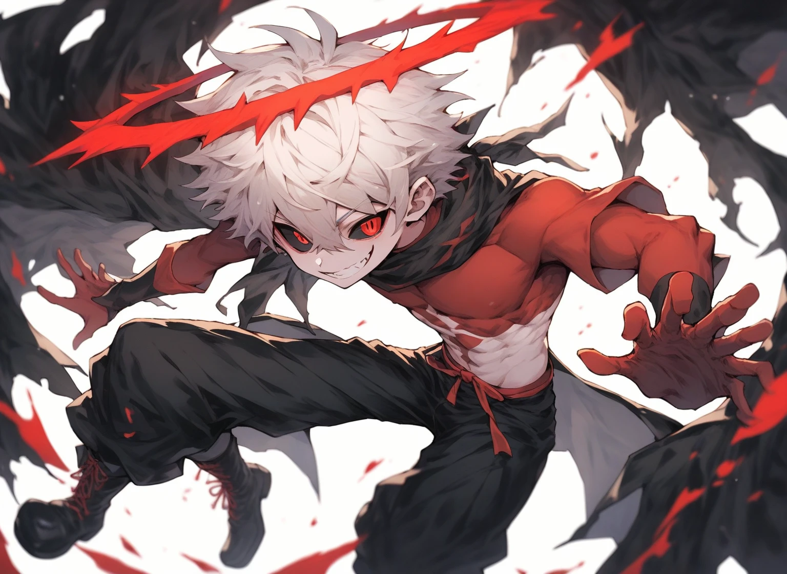 Rakshasa-ten Black eyes White horns White short hair Black ninja costume Torii Male Full moon Fangs