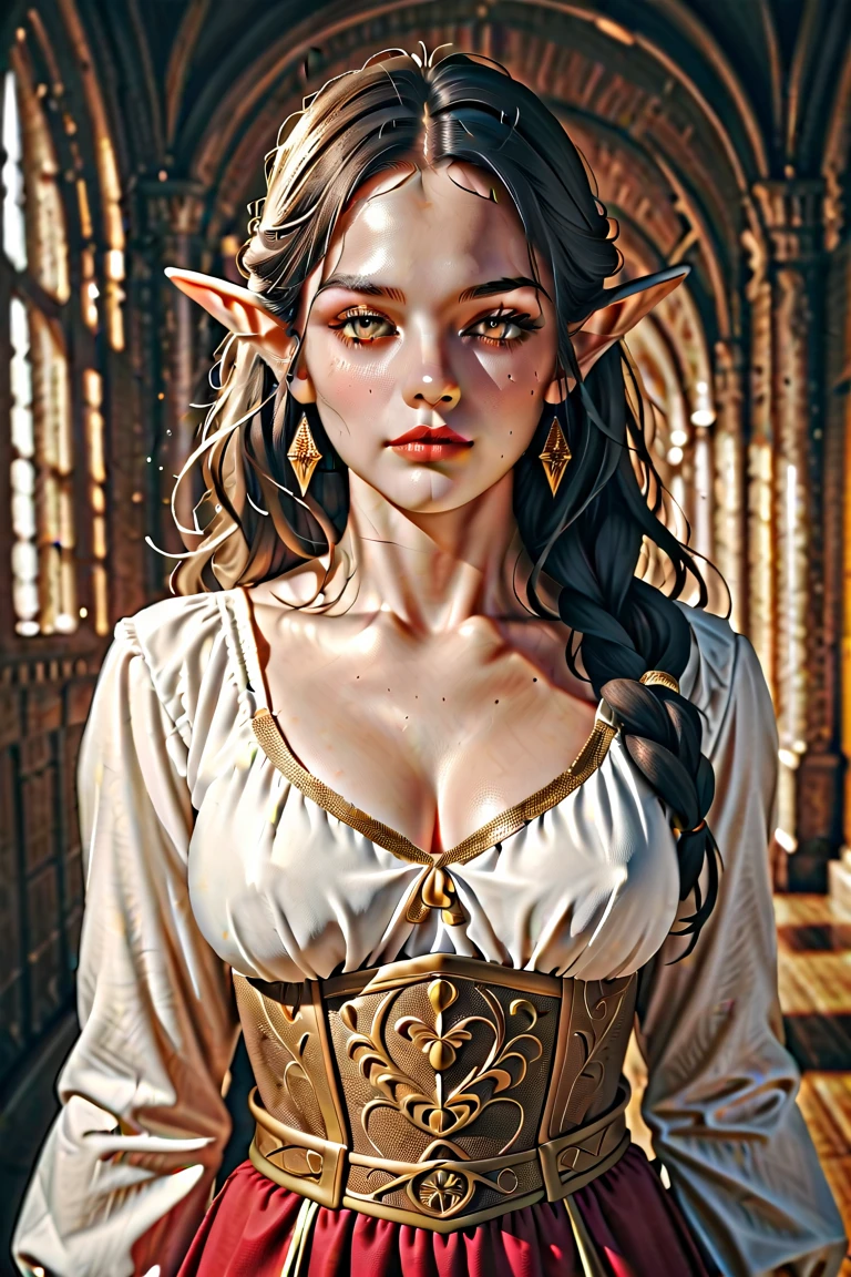 (​masterpiece), (top-quality), sunset, natural lights, ,(realistic:1.5), 1girl, long brown hair, slim, looking to the site, elf princess, tiara, detailed medieval throne room in background, medieval_dress, cleavage, medium breasts, pointed ears, upper body, mid shot, masterpiece, detailed, mature, bright colors, high saturation, stunningly beaufiulf girl hazel eyes, black hair, punk hair, tanned, dark skin, africanamerican, precise hands, confident look、determined expression,, Clear eyes, Shining eyes,, ultra-definition, Top resolution,  soft lightning