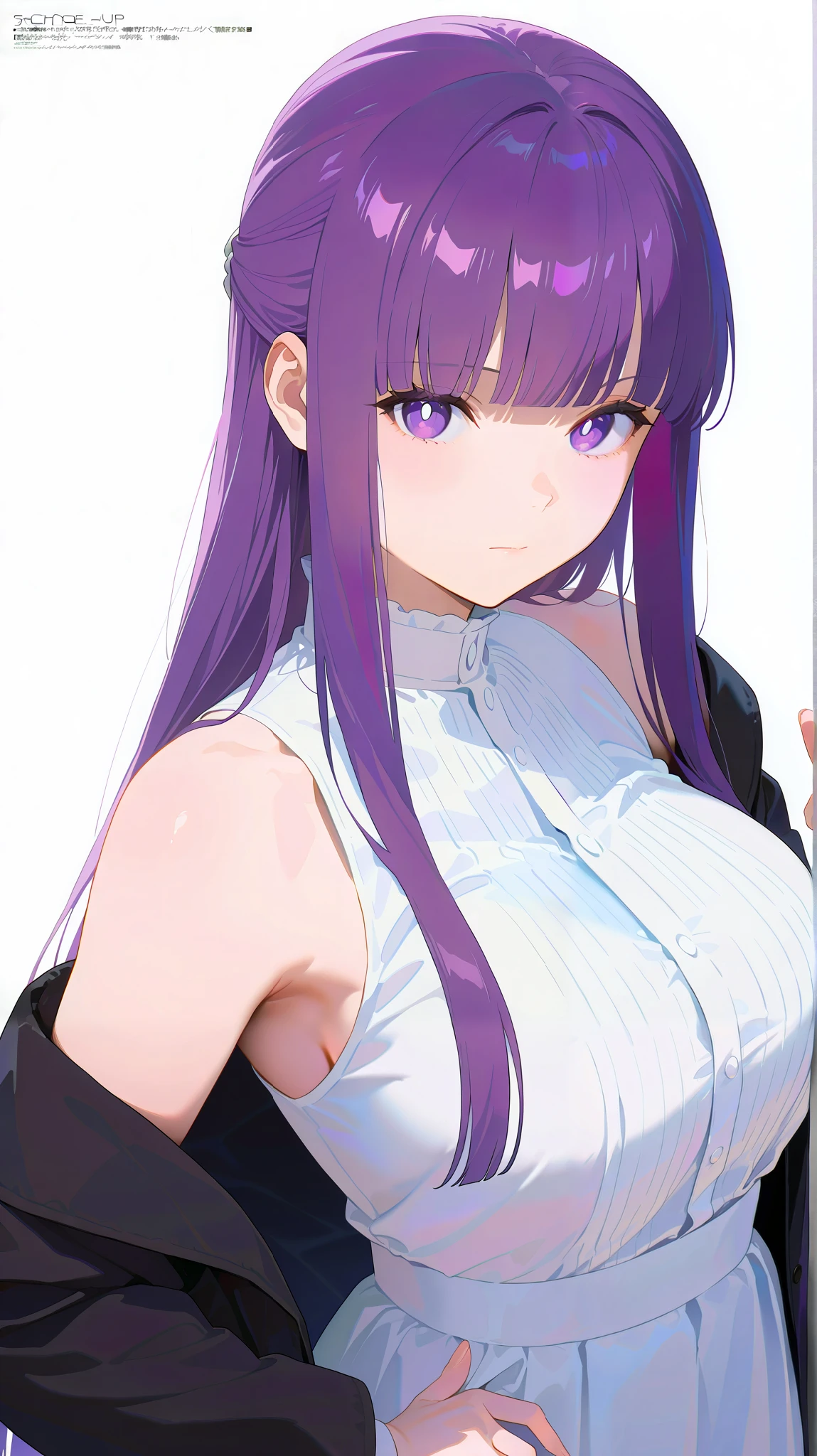 masterpiece, top quality, best quality, official art, beautiful and aesthetic:1.2),(8k, best quality, masterpiece:1.2), (((masterpiece))),(((best quality))),(((extremely detailed))), illustration, who, (masterpiece, top quality, best quality, official art, beautiful and aesthetic:1.2),(8k, best quality, masterpiece:1.2), fern, long hair, bangs, purple eyes, purple hair, sidelocks, blunt bangs, bright pupils, half updo, large breasts, anime screencap, 1girl, solo, purple eyes, purple hair, breasts, long hair, dress, large breasts, looking at viewer, white dress, white background, blunt bangs, simple background, hand on own hip, black coat, sleeveless, bare shoulders, long sleeves, coat, off shoulder, sidelocks, straight hair, closed mouth, artist name