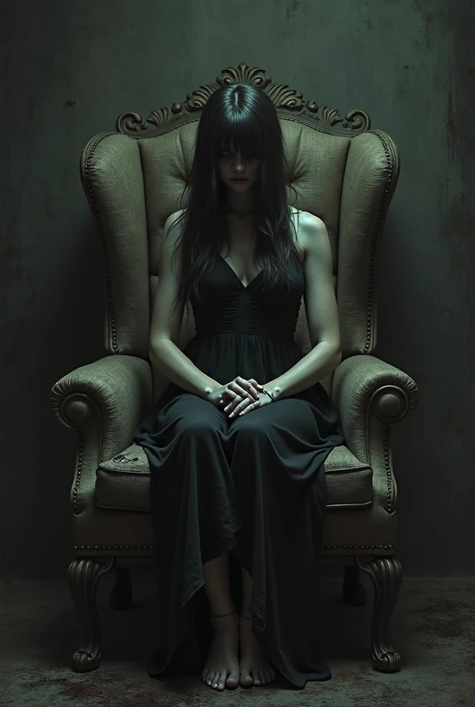 create an image of the character Raven from the Titans series played by actress Teagan Croft, sitting with bare feet showing the soles and with legs crossed.