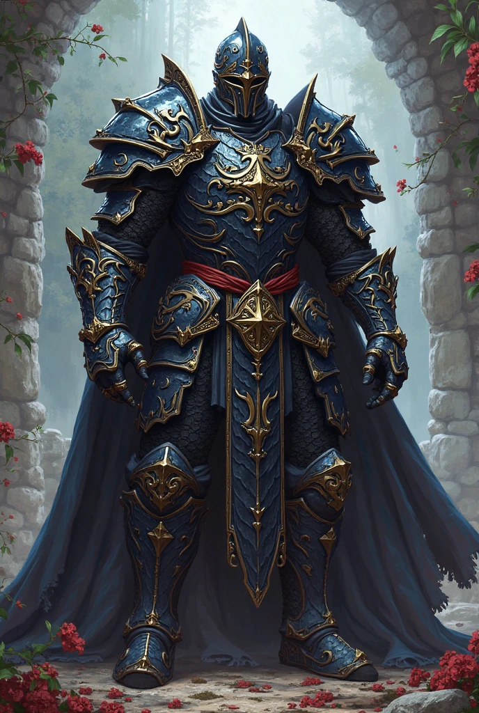 A knight in black Maximillian armor, covered with runes along the ...