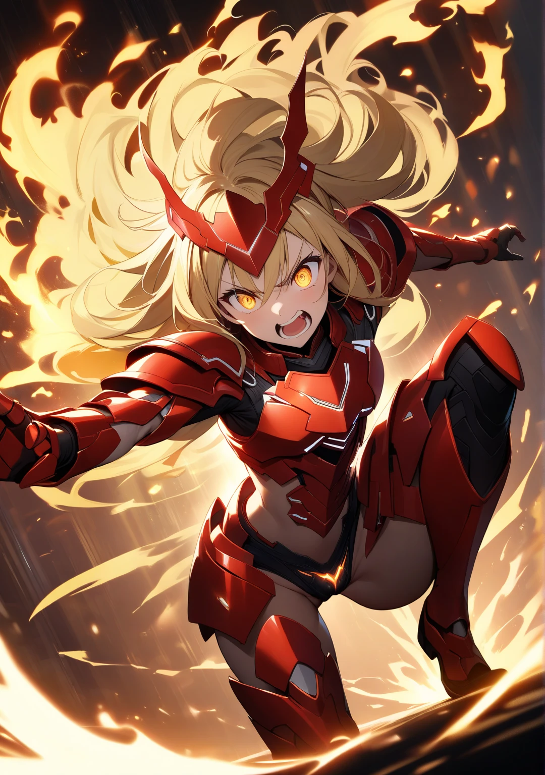 1 female magical girl style mecha warriror, blond hair, red eyes,