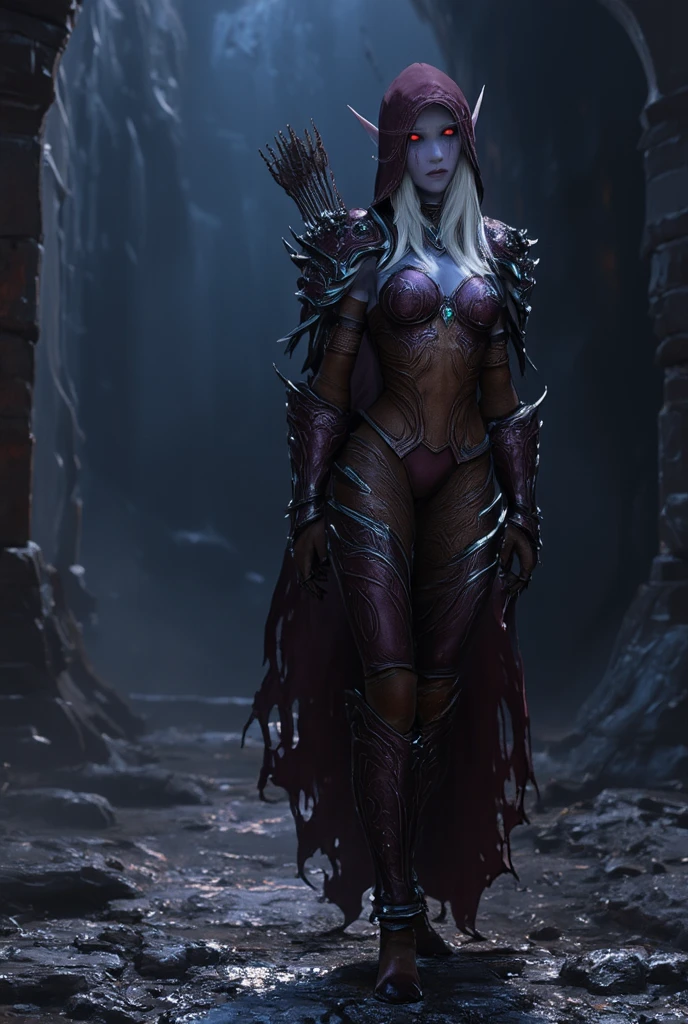 (HDR, 8k, masterpiece, intricate details), (((savage grace, beautiful elegant violence))), dancer of the boreal valley snow, prowling lithe long limbs, crawling slender knight, helm, weapons, highly detailed armor, glossy metal, metallic refraction, unsettling fluid movements, gossamer sheer fabric, see-through delicate veil, dark souls, bonfire, elf, Sylvanas Windrunner, long hair, silver hair, large breasts, looking at viewer, red eyes, cleavage, large breasts, white hair, choker, hood, cape, pointed ears, armor, lips, shiny, colored skin, goblin, blue skin, arrow, bikini armor, shoulder pads, undead, violet skin color. prowling slender lithe , mirror shine, ethereal lighting, wlop, obsidian armor, flaming blade, icy sword, holding weapons, unnaturally long limbs, ghostly wisps, liquid shimmer,