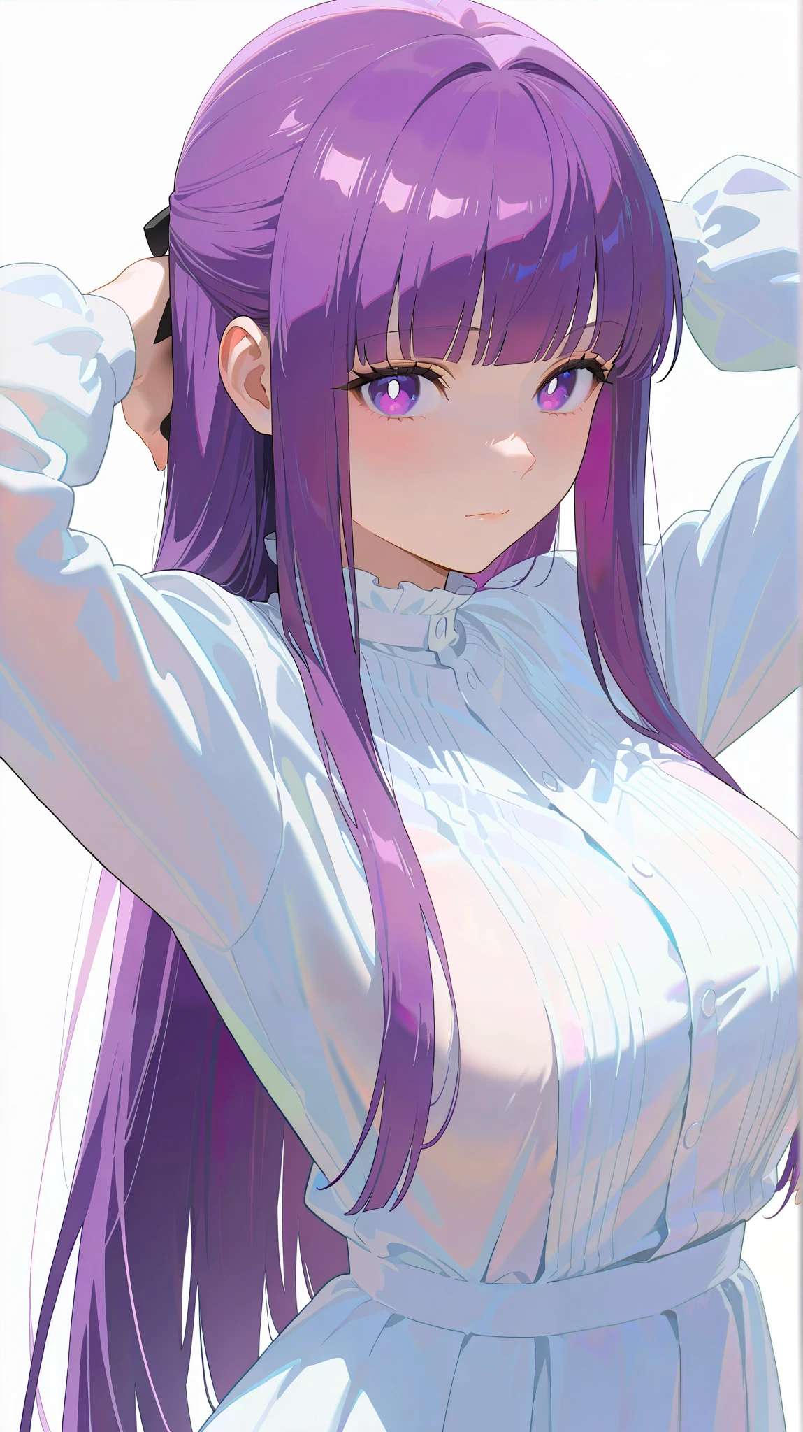 masterpiece, top quality, best quality, official art, beautiful and aesthetic:1.2),(8k, best quality, masterpiece:1.2), (((masterpiece))),(((best quality))),(((extremely detailed))), illustration, who, (masterpiece, top quality, best quality, official art, beautiful and aesthetic:1.2),(8k, best quality, masterpiece:1.2), fern, long hair, bangs, purple eyes, purple hair, sidelocks, blunt bangs, bright pupils, half updo, large breasts, anime screencap, 1girl, purple hair, solo, purple eyes, long hair, breasts, white dress, dress, large breasts, white background, looking at viewer, blunt bangs, simple background, frilled collar, long sleeves, closed mouth, arms up, sidelocks, arms behind head, straight hair, collar, frills, very long hair