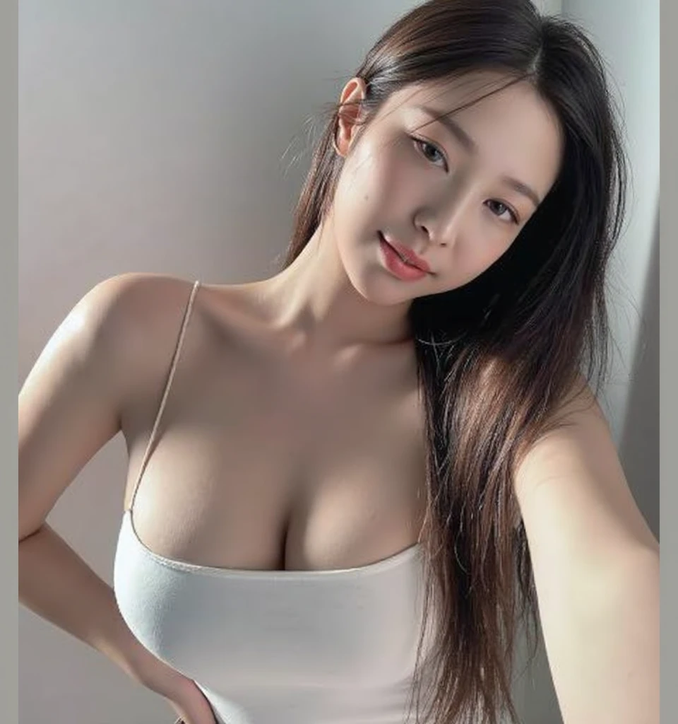 masterpiece, best quality, eyes makeup, eyelashes, (huge breasts: 1.3), (arm up pose: 0.8), (camisole dress, cream attire), (mature female:1.3), (plump:1.2), beautiful, long hair, white background, lying, (looking at viewer), nsfw:1.2, sex, Indonesian, (cum ), ultra detailed skin:1.3, (selfie), (Indonesian face)