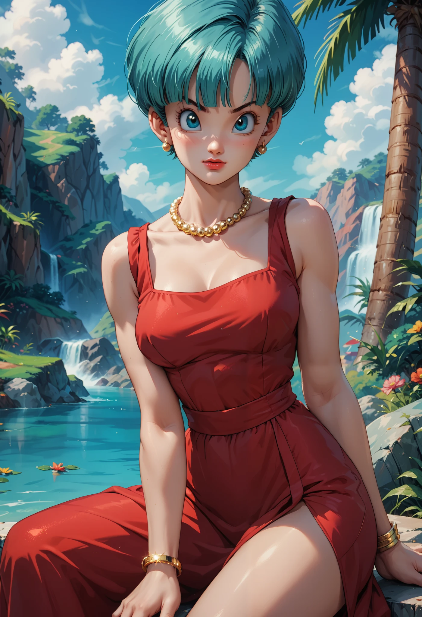 Bulma in her 40s, short hair, blue hair clothing, pearl necklace, gold bracelet, knee-length red dress, sexy, retro dragon ball style art