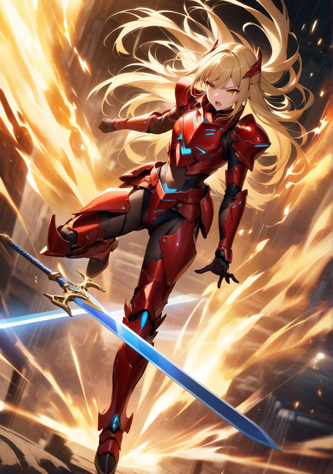 Masterpiece, exquisite and detailed, 4k, 8k, high resolution, hightech fantasy style inspired by the design of Megaman, an anthro wolf reploid goddess with long blonde ponytail hair, helmet and red armor with white details, fierce, curvy, wielding a large flaming sword, posing next to the sword, dynamic light , cinematic BG, highly detailed