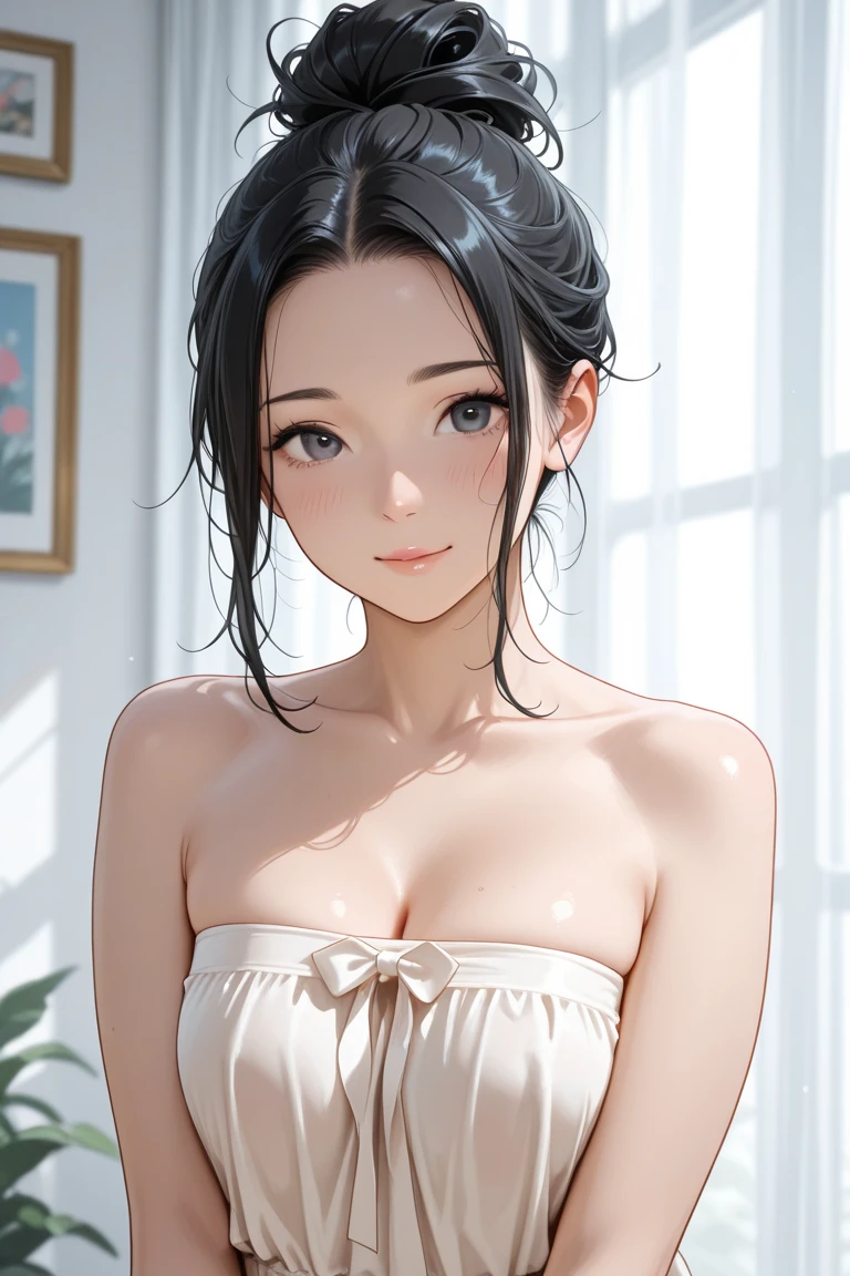 1girl, portrait, realistic, bare shoulders, naked towel, sidelighting, wallpaper,