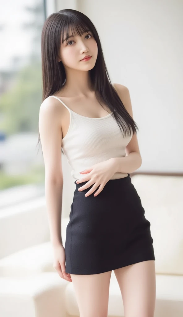 (Best Quality, 8K, masutepiece, Ultra HD: 1.3), 1girl in, small tits ,light brown hair, Blunt bangs, hair behind ear, hair over shoulder, Long hair, slender body shape, Ultra Fine Face, Delicate lips, Beautiful eyes, Double eyelids, lipsticks, thin blush ,Black eyes ,perfect glossy skin,flawless skin fair white skin ,Glistening sweat,A gaze that invites you, Chest,Ultra-thin hands, Ultra-fine fingers, shirt with collar, tight skirts , beauty legs ,Low Heels. outside of house、In the middle of a date