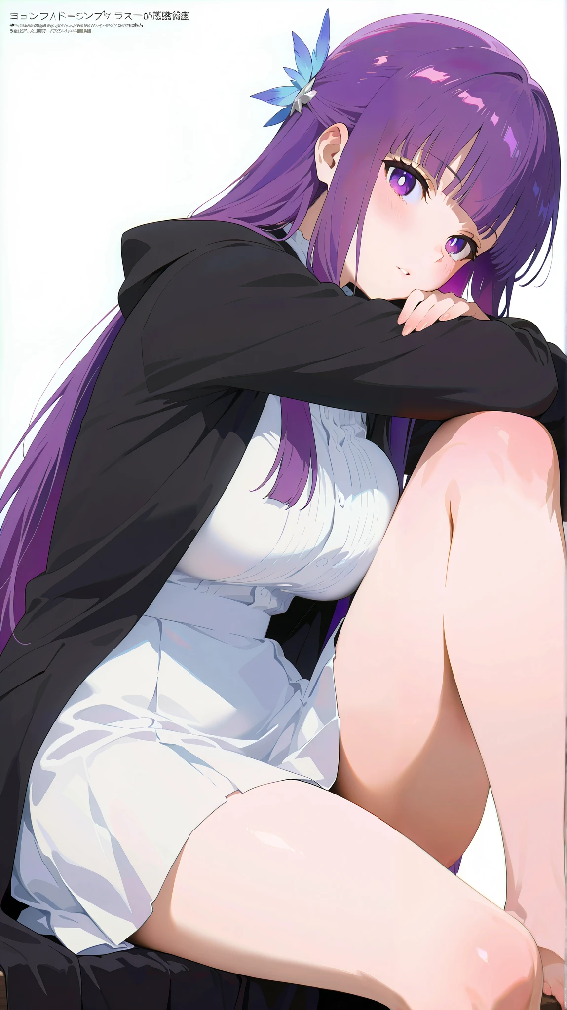 masterpiece, top quality, best quality, official art, beautiful and aesthetic:1.2),(8k, best quality, masterpiece:1.2), (((masterpiece))),(((best quality))),(((extremely detailed))), illustration, who, (masterpiece, top quality, best quality, official art, beautiful and aesthetic:1.2),(8k, best quality, masterpiece:1.2), fern, long hair, bangs, purple eyes, purple hair, sidelocks, blunt bangs, bright pupils, half updo, large breasts, anime screencap, 1girl, breasts, solo, purple hair, purple eyes, long hair, barefoot, looking at viewer, white dress, dress, large breasts, white background, simple background, sitting, feet, long sleeves, toes, hair ornament, blunt bangs, artist name, coat, black coat, blush, robe, foot out of frame, patreon username, knee up