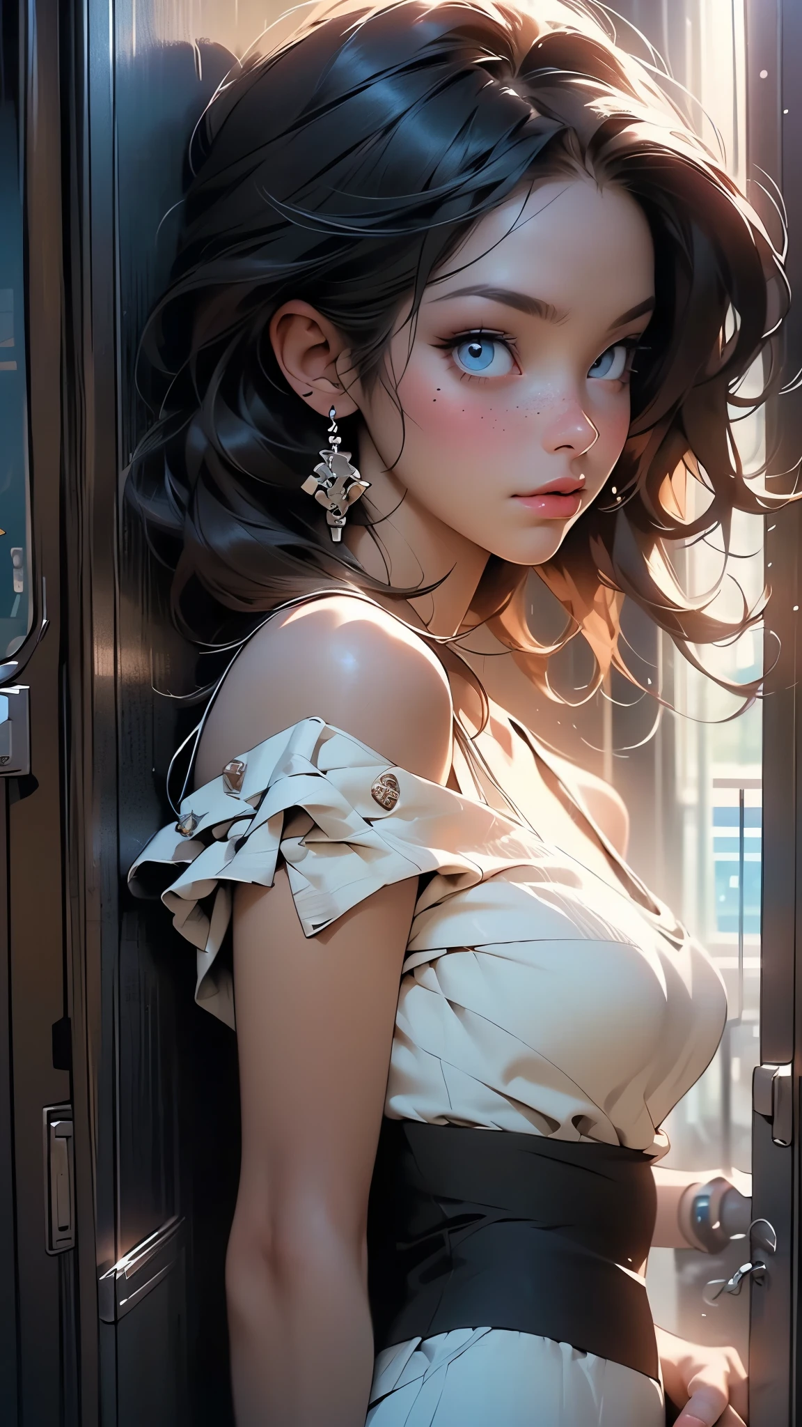 "A mesmerizing portrait of a captivating young girl , short hair with enchanting eyes." (Full body), beautiful face
