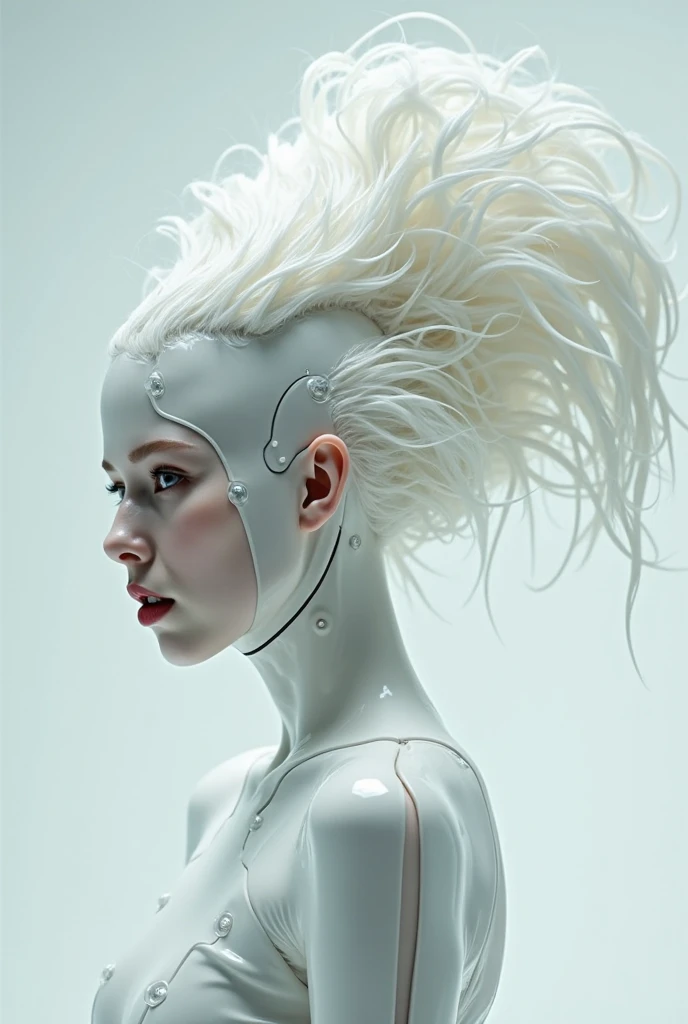 gorgeous beautiful female creatures from another planet, mohawk hair and silvery blue eyes, futuristic high tech ,chromed clothes that reflect faint multicolors, half body,very feminine, crisp, neat, bright and shiny feeling of strength and spiritual transcendence, sober, clean, sleek, minimal, simple background of one color, masterpiece, top detailed, ultraHD spectacular studio light HD