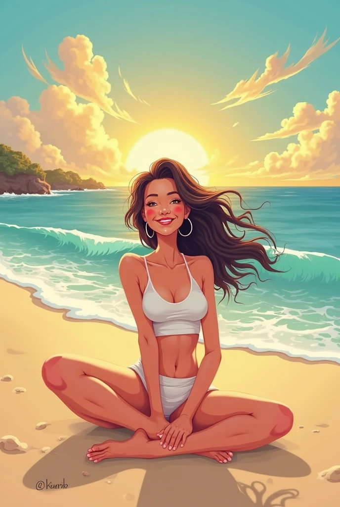 (photorealism:1.2), Create an image of an alone confident 2 Filipina woman with an hourglass body shape, slightly curvy, standing at 5'4". She has fair skin, long and thick hair, and a small heart-shaped face with subtle cheekbones and a rounded chin. Her nose is delicate, pointy, and . She is alone on a sunny beach, wearing a black long-sleeve surfing rashguard on top and a white bikini on the bottom. The camera is positioned at a slightly elevated angle, capturing a top view that shows her surfboard lying on the sand beside her with the leash attached and resting on the floor. She is crouching or sitting on the sand, applying sunscreen to her legs while looking directly at the camera with a happy, smiling expression. The morning sun bathes the beach in warm light, highlighting the vibrant, energetic scene. Her expression is joyful and relaxed as she prepares for her surf session. The background features beautiful, dynamic waves and a clear blue sky, enhancing the lively beach atmosphere.