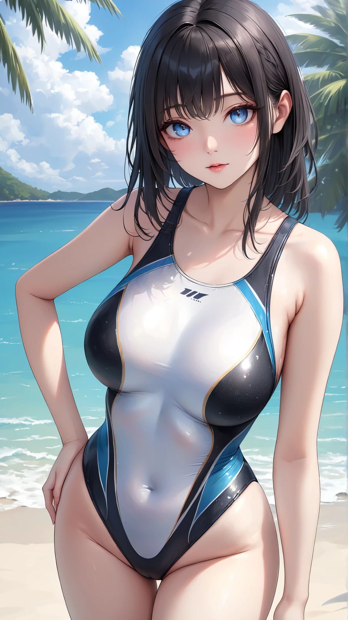 (masterpiece,best quality,ultra detailed,high resolution),(realistic:0.3),looking viewer,daytime,lady,black hair,cool eyes,wide hips,competition swimsuit,