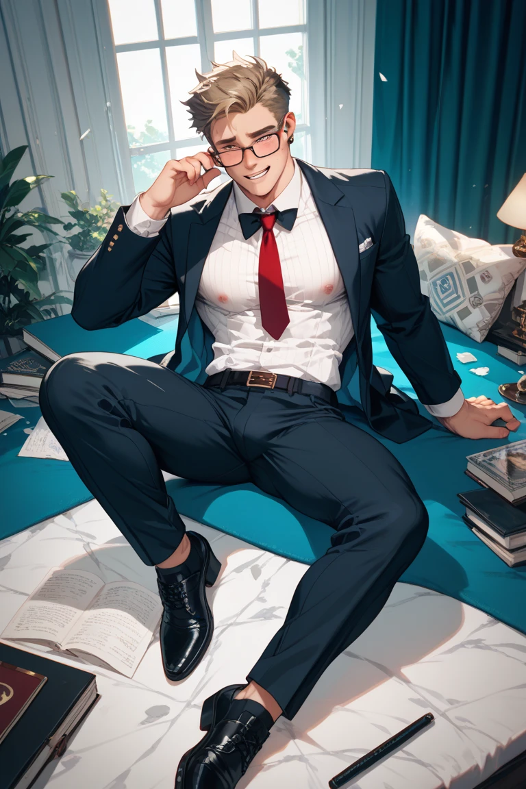 45 yers old,Kogoro Mouri,Business suit,musculature,lace Thong,Tong,Bulge,onbed,black long socks,lbeard,fortitude,artwork of a,tmasterpiece,k hd,an look of enjoyment,Be red in the face,sexyposture