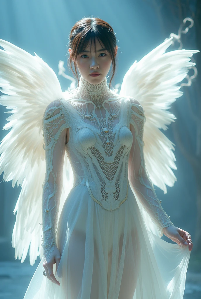 A angelic mythical creature with spreading arms with glowing intricate transparent wings, symetrical hyperdetailed texture, pearl filigree, concept art, artstation, alice x. zhang, Andreas lie, perfect composition, masterpiece, glittering professional photography, macro, natural lighting, canon lens, shot on dslr 64 megapixels sharp focus ethereal