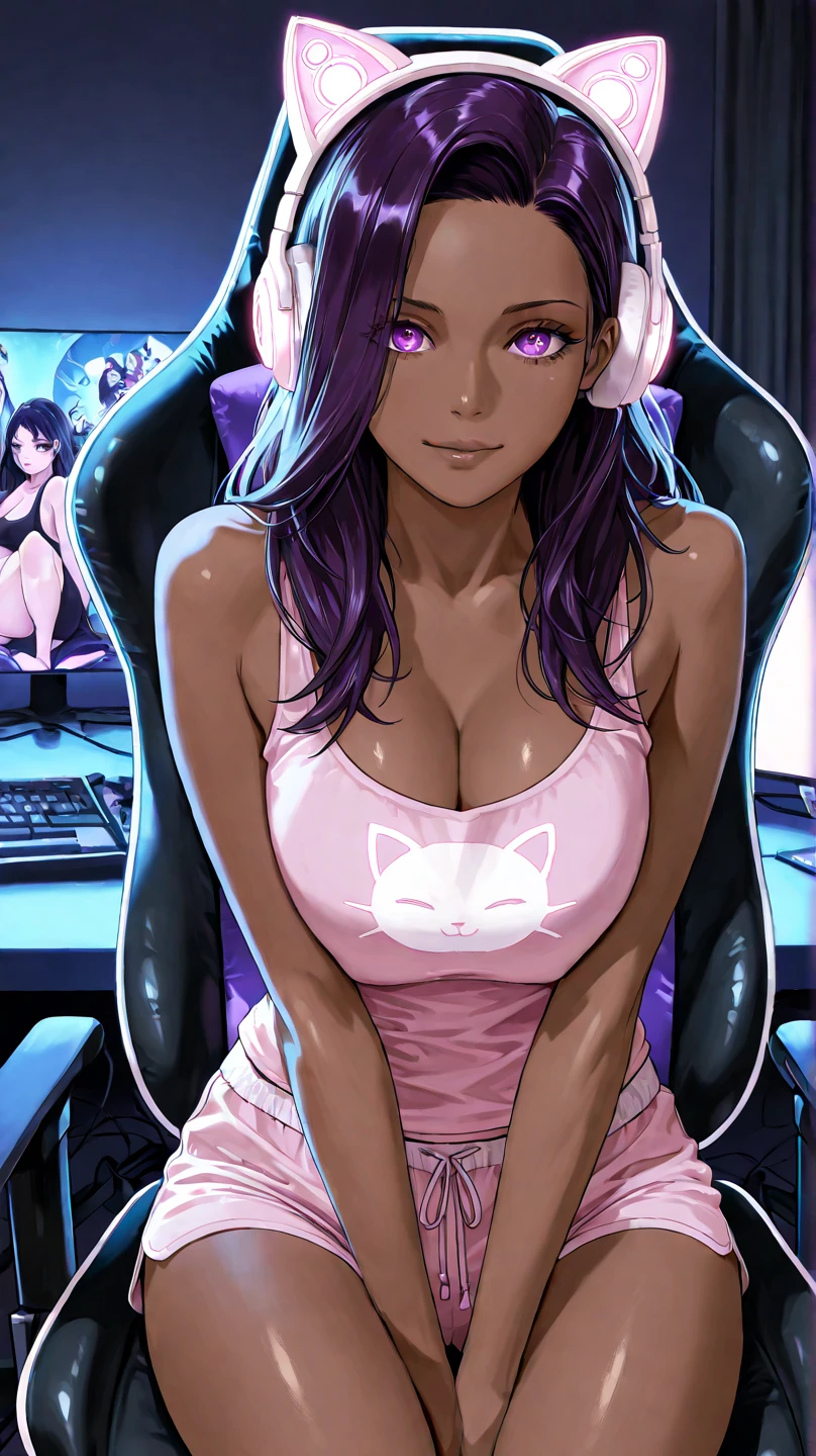 A cute girl with brown skin, sexy body, wavy purple hair [with shades of black], golden eyes (shiny), ultra realistic eyes, playing video games alone, smile, sitting in a chair, and holding a video game controller, round face, realistic lighting, Radiosity, Close UP.