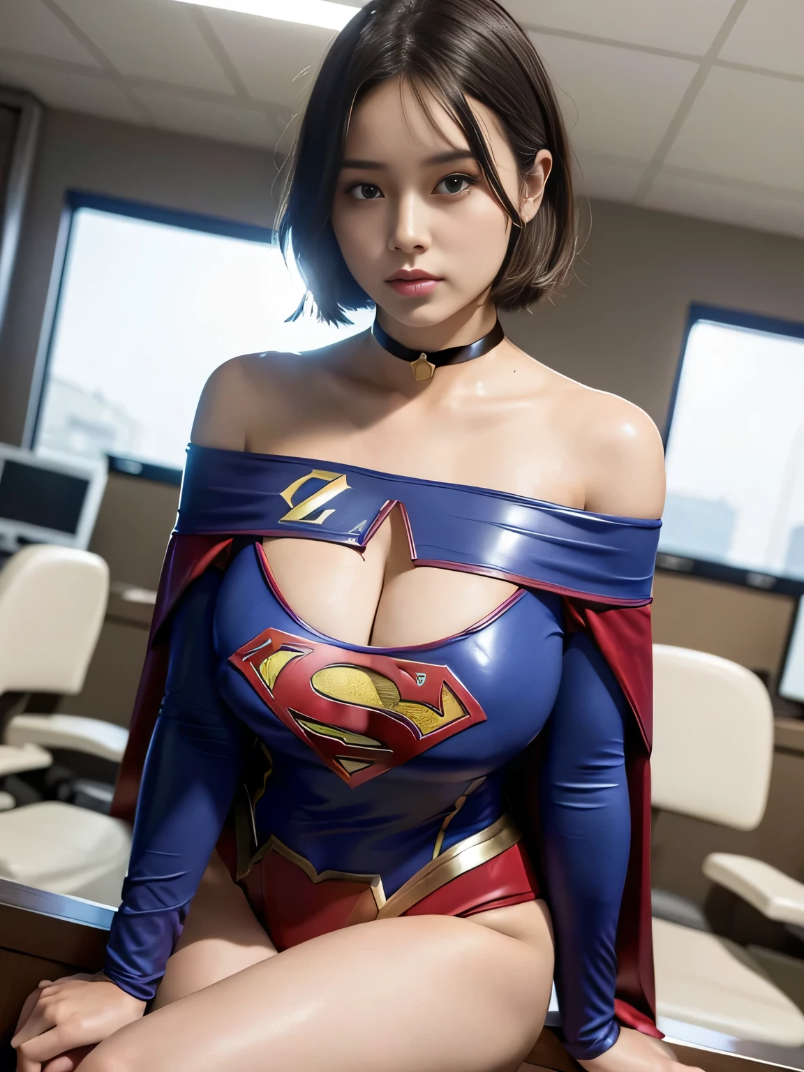 masterpiece、Shorthair Supergirl、big and full breasts、look at the camera、shiny costume、choker、red mini skirt、long sleeve、comic book cover、obscene、seductive pose、provocative、sensational