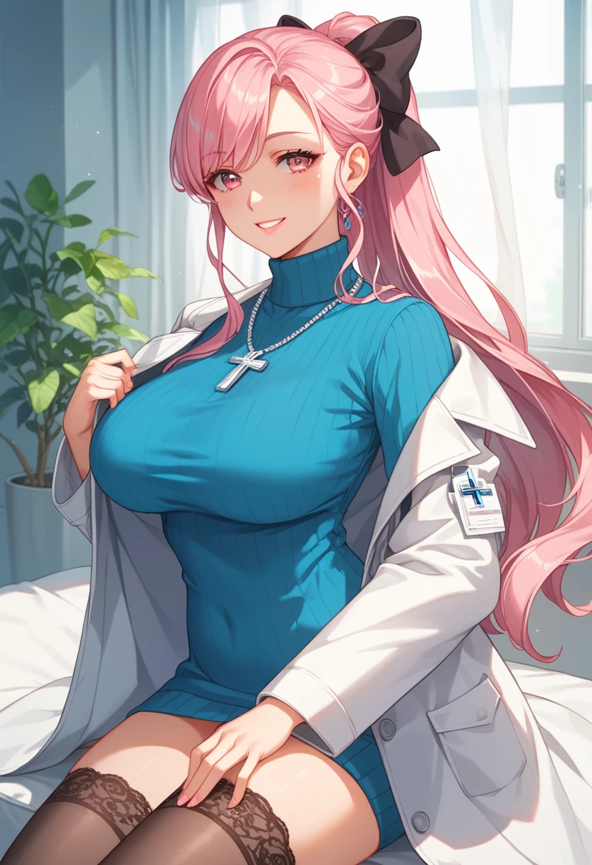 best quality, masterpiece, highres, solo, {perseus_azurlane:1.15}, long_hair, pink_hair, pink_eyes, breasts, twintails, bangs, large_breasts, very_long_hair, blush, cleavage, hair_ornament, hat, nurse_cap, white_headwear, nurse, center_opening, id_card