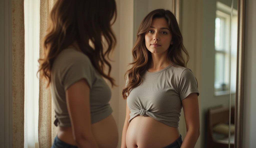 Teenager looking at herself in a mirror as if she were pregnant