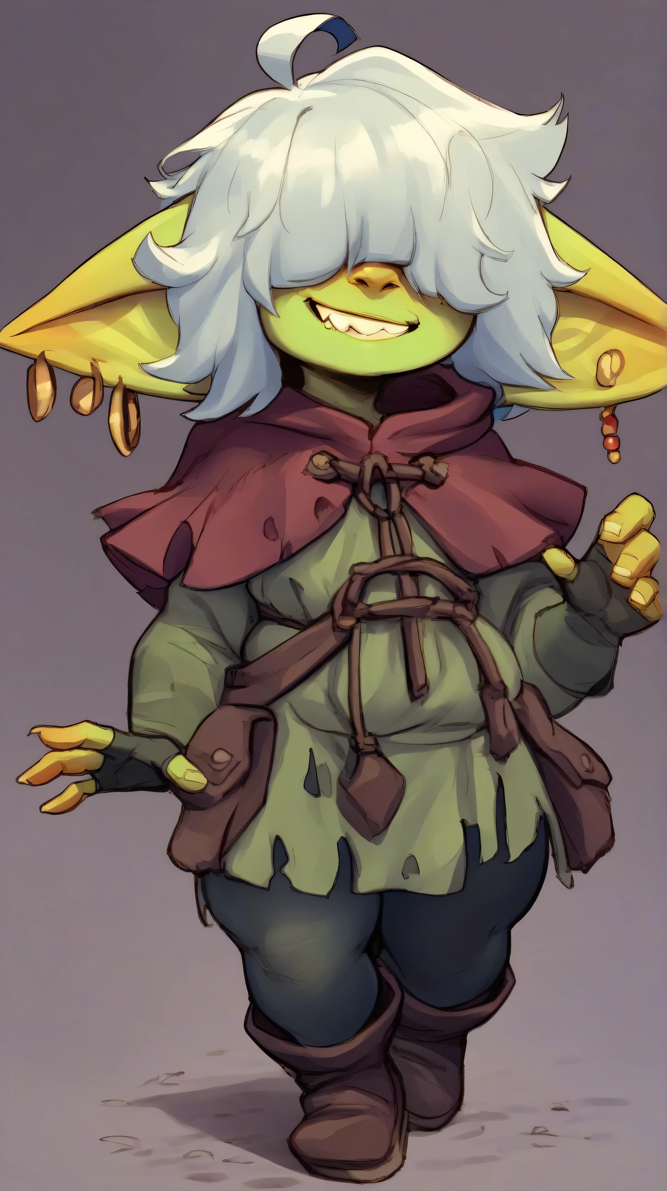 goblin, 1girl, green skin, earrings grin,, score_9, score_8_up, score_7_up, score_6_up, score_5_up, score_4_up, BREAK, ((shortstack)), ((chubby)), pointy long ears, short hair, wavy sidelocks, ((hair over eyes)), silver hair, wavy messy hair, ahoge, hair strand, tycoon rich merchant outfit, tunic, long sleeves, short hooded capelet, ((black thighs)), black pantyhose, boots, fingerless gloves, looking at viewer, standing, left fang, smirk, playful look, hair ornament, jewelry
