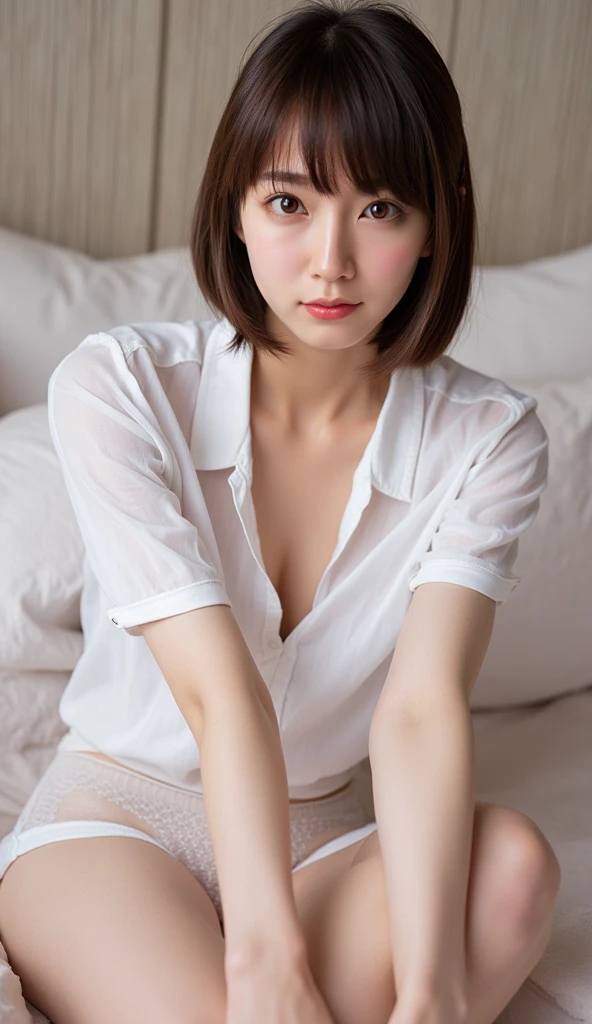 ((top quality, 8K, table top: 1.3, RAW photo)), sharp focus: 1.2, (1 Aespa Girl :1.1), alone, (realistic, realistic: 1.37), (face focus: 1.1), cute face, highly detailed face, brunette short messy hair, small smile, nude, (Take off your uniform like a chiffon shirt, roll up the skirt: 1.3), checked skirt, thigh, sit with one knee up, classroom, flower, Lily、cleavage、big breasts、slouch、Girl in a shortcut、short hairstyle、crawl on all fours、Tongue、stick out tongue、looking at the camera