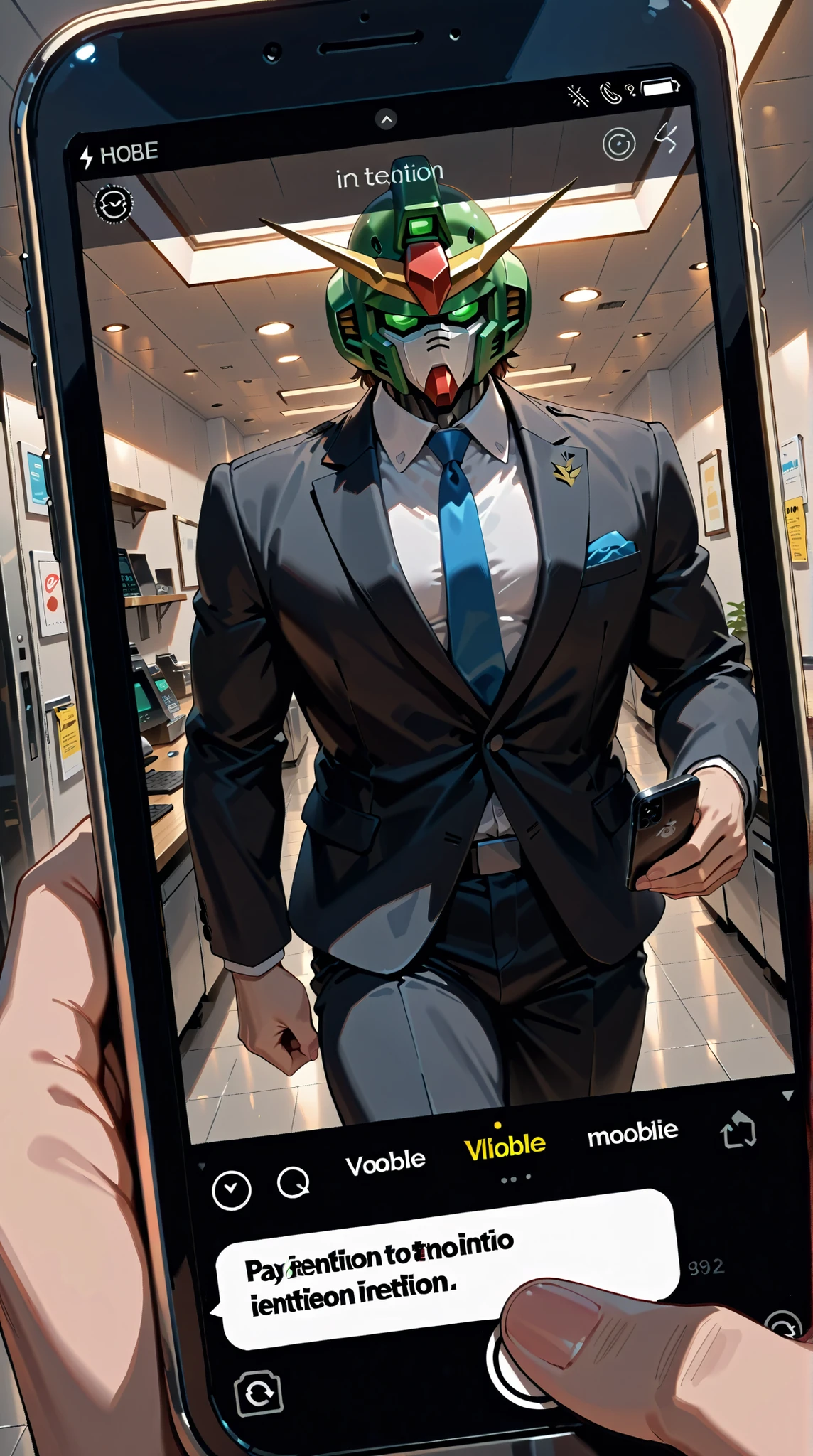 
((Best Quality)),( super high definition),(Super detailed),( detailed description ),((The best CG)),(masterpiece),Mobile Suit Gundam,A man in a suit holds a cell phone with Gundam printed on it, (Pay attention to mobile phones with Gundam printed on them:1.5)