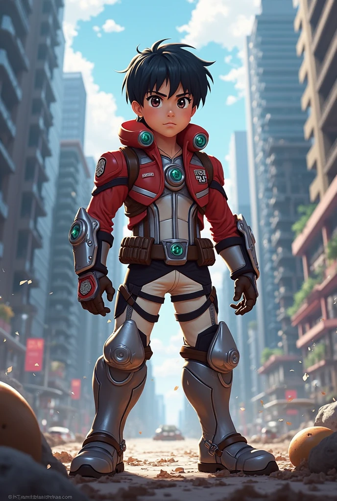 A little boy in mecha style，Holding a weapon in the shape of a big lollipop，The background is replaced by architecture in the ancient Chinese style，Face a little thinner，Add a plane to the sky