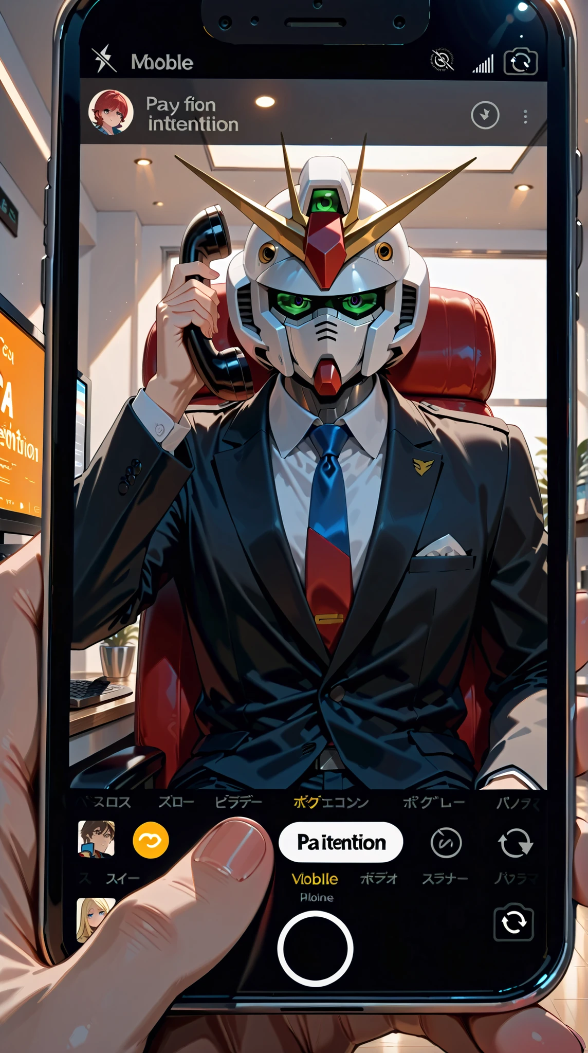 
((Best Quality)),( super high definition),(Super detailed),( detailed description ),((The best CG)),(masterpiece),Mobile Suit Gundam,A man in a suit holds a cell phone with Gundam printed on it, (Pay attention to mobile phones with Gundam printed on them:1.5)