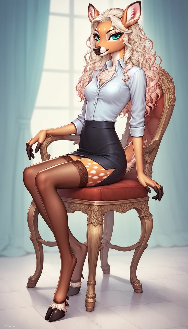 ((medium shot)), solo, Beautiful 1girl, long platinum blonde hair, pretty cute face, flawless face, jewelry earrings, antique jewelry, details eyes, beautiful eyes, meticulous makeup, thin eyebrows, beautiful red lips, large breasts, red mesh socks, thin red silk shirt with many white motifs, white lace shirt, long bangs and a long platinum red ponytail, realistic colors, magic effects, empty background, look directly at the audience, sitting, muscular legs,