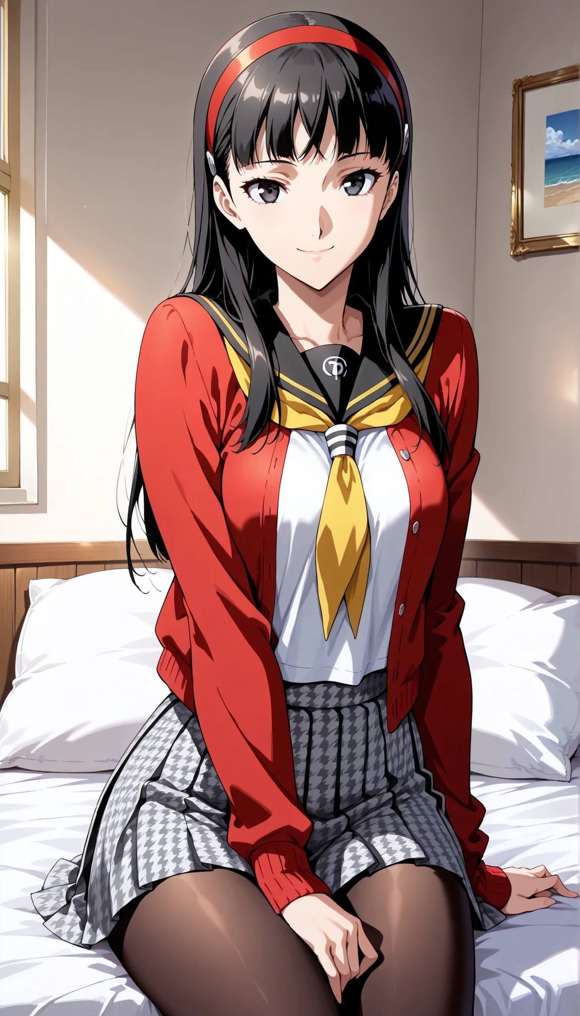 score_9,score_8_up ,score_7_up ,score_6_up ,score_5_up ,score_4_up ,(source_anime), clip skip:2,(masterpiece:1.3),(extremely detailed CG unity 8k wallpaper),top quality , amazing quality, high resolution, absurd, very aesthetic, high resolution, (ultra detail), perfect detail ,( beautiful eyes:1.3),(feature large highlight:1.4), 8K, perfect fingers,(perfect hands, perfect anatomy),(Aesthetic Anime Eyes:1.3),(feature large highlight:1.4),beautiful hair,(18歳:1.3),day,薄い目,
1 girl, solo, cute face,(cowboy shot:1.4),
p4yukiko, amagi yukiko, long hair, black hair, bangs, black eyes,
p4yukiko-winuni, yasogami school uniform,white school uniform, skirt, pleated skirt, houndstooth, brown pantyhose, cardigan, red cardigan, open cardigan,
bedroom, sitting, looking at viewer, smile,
masterpiece, best quality, ultra detailed,