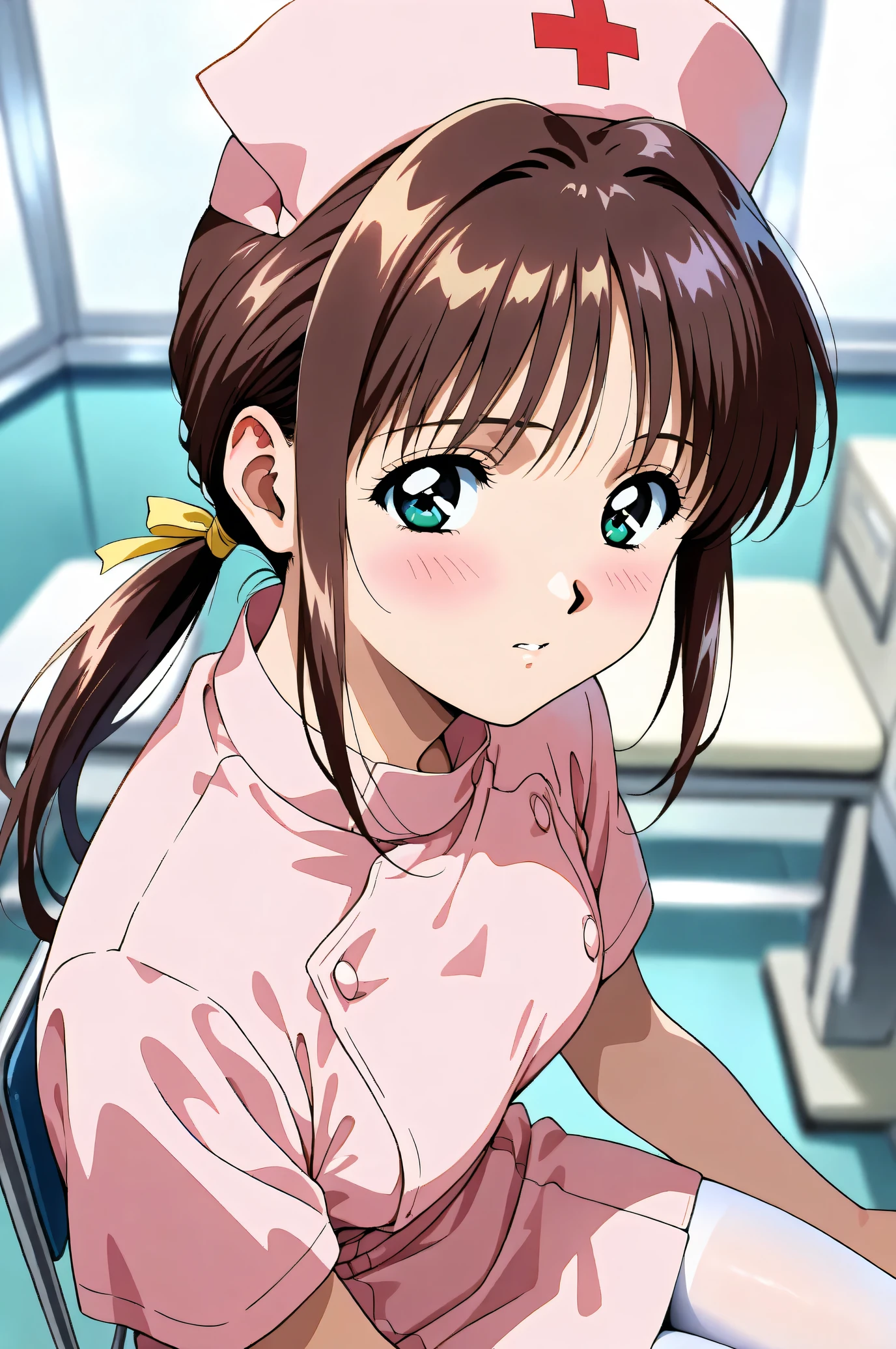 (Masterpiece:1.2), (Highest quality:1.1), (Very detailed),
(The best shape), (Best shadow), (Absurd),
(Detailed Background), (So beautiful), Shiny,
Beautiful eyes in every detail, Extraordinary, Countershading, 8k, 32K, High resolution,
Very Detailed CG, UHD,
Source_anime, retro artstyle, 1990s (style),
(Pastel painting:1.2), (Watercolor painting:1.2),
(Masterpiece, Detailed:1.2), (Foreshortening:1.2),
Cinematic, Dramatic, (Depth of field:1.4),
(Blurry background:1.4), (Realistic background:1.4),
1 girl, Solo, Dynamic angle,
Hospital, Examination room,
Yakinbyoutou, Night shift nurses,
Nanase Ren,
RenNanase, 1girl, brown_hair, low_ponytail, aqua_eyes,
pink nurse_cap, pink nurse, white pantyhose,
(Blush:1.3),
Portrait,
Looking at viewer,
Focus on face,
Shiny skin,
