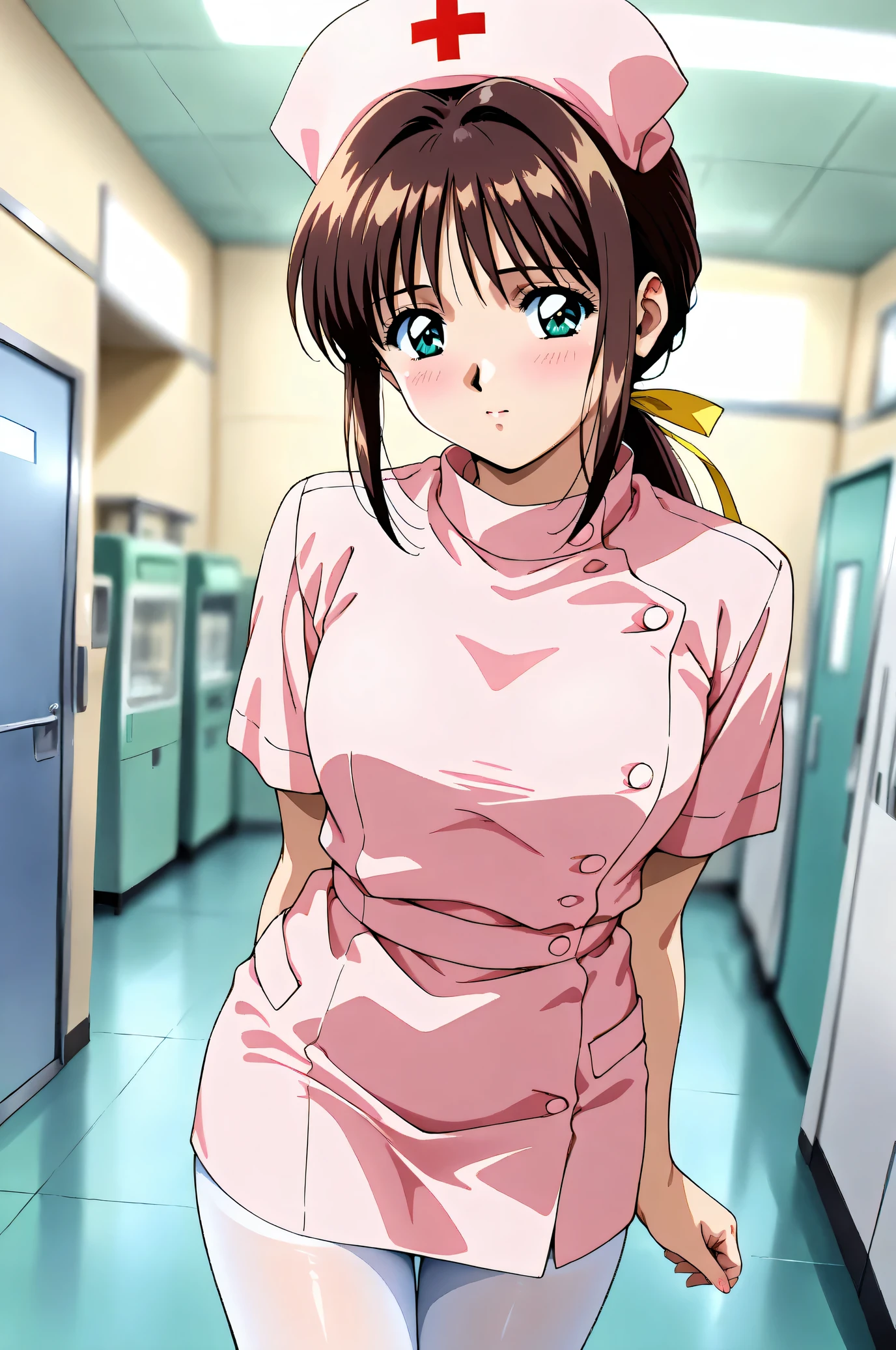 (Masterpiece:1.2), (Highest quality:1.1), (Very detailed),
(The best shape), (Best shadow), (Absurd),
(Detailed Background), (So beautiful), Shiny,
Beautiful eyes in every detail, Extraordinary, Countershading, 8k, 32K, High resolution,
Very Detailed CG, UHD,
Source_anime, retro artstyle, 1990s (style),
(Pastel painting:1.2), (Watercolor painting:1.2),
(Masterpiece, Detailed:1.2), (Foreshortening:1.2),
Cinematic, Dramatic, (Depth of field:1.4),
(Blurry background:1.4), (Realistic background:1.4),
1 girl, Solo, Dynamic angle,
Hospital, Examination room,
Yakinbyoutou, Night shift nurses,
Nanase Ren,
RenNanase, 1girl, brown_hair, low_ponytail, aqua_eyes,
pink nurse_cap, pink nurse, white pantyhose,
(Blush:1.3),
Portrait,
Looking at viewer,
Focus on face,
Shiny skin,