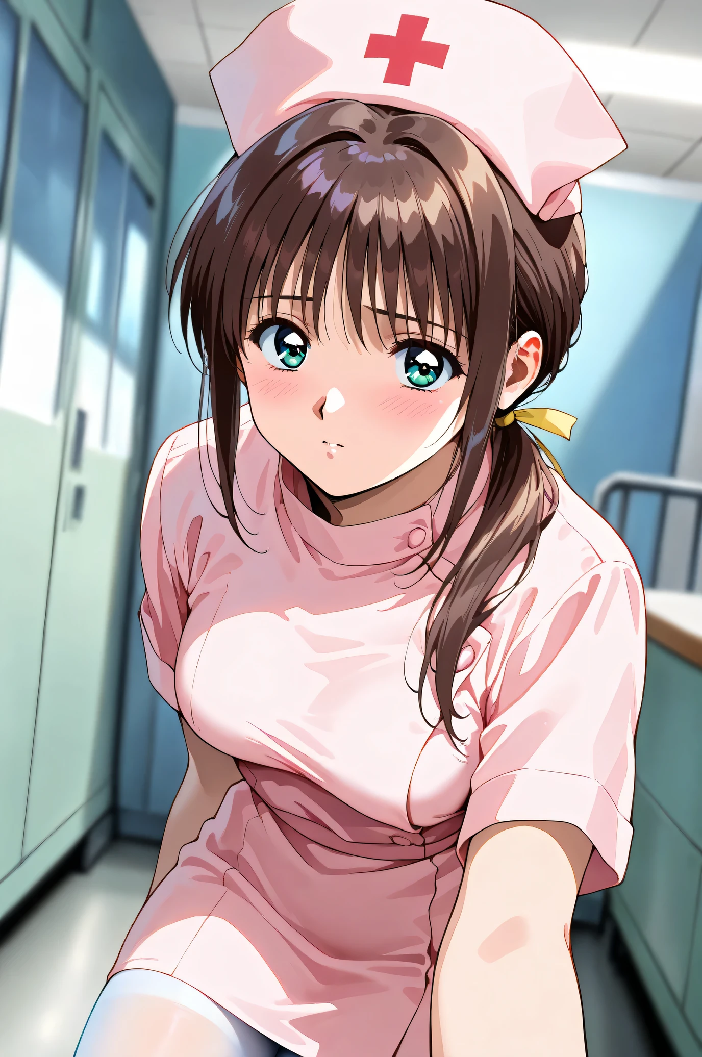 (Masterpiece:1.2), (Highest quality:1.1), (Very detailed),
(The best shape), (Best shadow), (Absurd),
(Detailed Background), (So beautiful), Shiny,
Beautiful eyes in every detail, Extraordinary, Countershading, 8k, 32K, High resolution,
Very Detailed CG, UHD,
Source_anime, retro artstyle, 1990s (style),
(Pastel painting:1.2), (Watercolor painting:1.2),
(Masterpiece, Detailed:1.2), (Foreshortening:1.2),
Cinematic, Dramatic, (Depth of field:1.4),
(Blurry background:1.4), (Realistic background:1.4),
1 girl, Solo, Dynamic angle,
Hospital, Examination room,
Yakinbyoutou, Night shift nurses,
Nanase Ren,
RenNanase, 1girl, brown_hair, low_ponytail, aqua_eyes,
pink nurse_cap, pink nurse, white pantyhose,
(Blush:1.3),
Portrait,
Looking at viewer,
Focus on face,
Shiny skin,