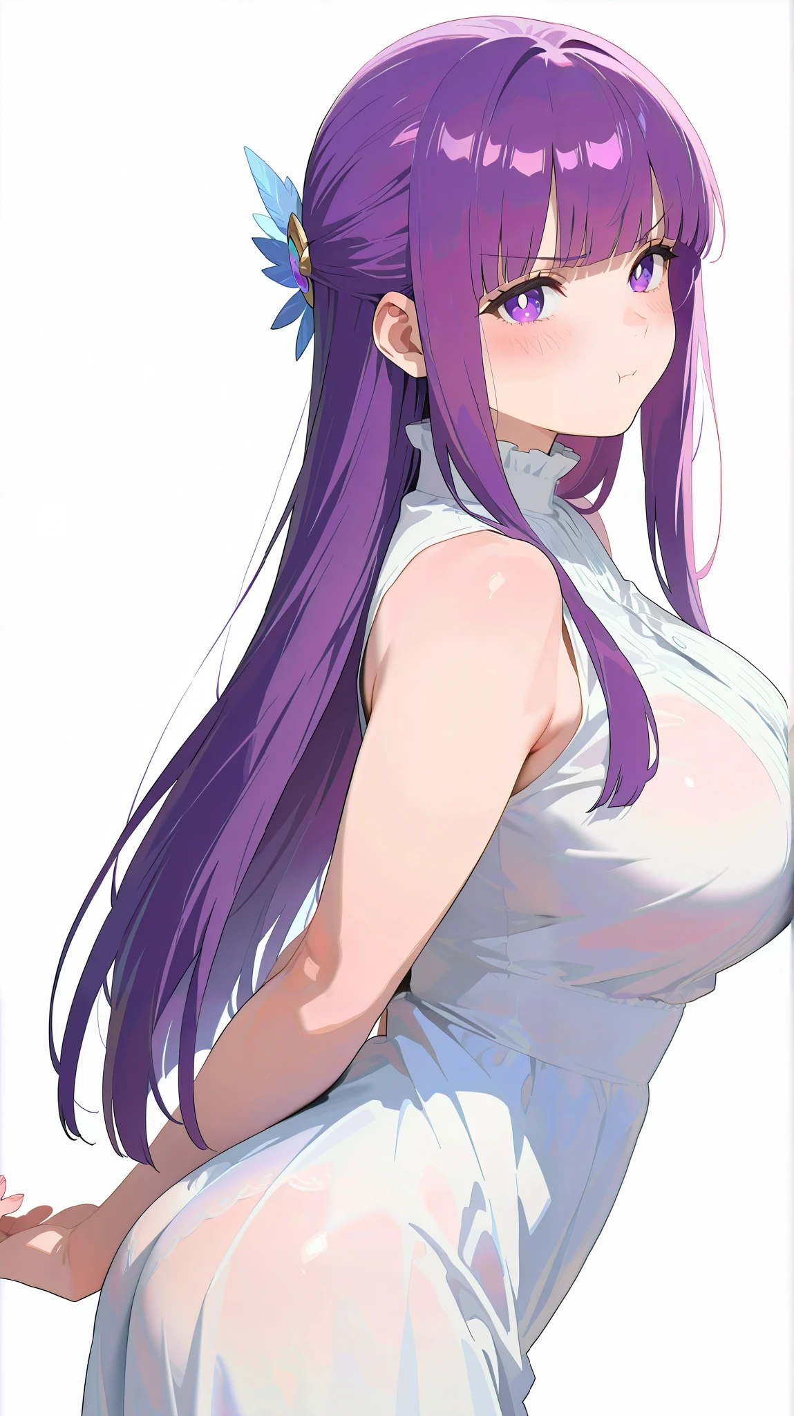 masterpiece, top quality, best quality, official art, beautiful and aesthetic:1.2),(8k, best quality, masterpiece:1.2), (((masterpiece))),(((best quality))),(((extremely detailed))), illustration, who, (masterpiece, top quality, best quality, official art, beautiful and aesthetic:1.2),(8k, best quality, masterpiece:1.2), fern, long hair, bangs, purple eyes, purple hair, sidelocks, blunt bangs, bright pupils, half updo, large breasts, anime screencap, 1girl, breasts, solo, dress, purple eyes, long hair, purple hair, white dress, pout, large breasts, looking at viewer, :t, sleeveless, white background, simple background, blunt bangs, blush, hair ornament, sleeveless dress, straight hair, bare shoulders, from side, arms behind back, closed mouth, leaning forward, ass, frilled collar, sidelocks