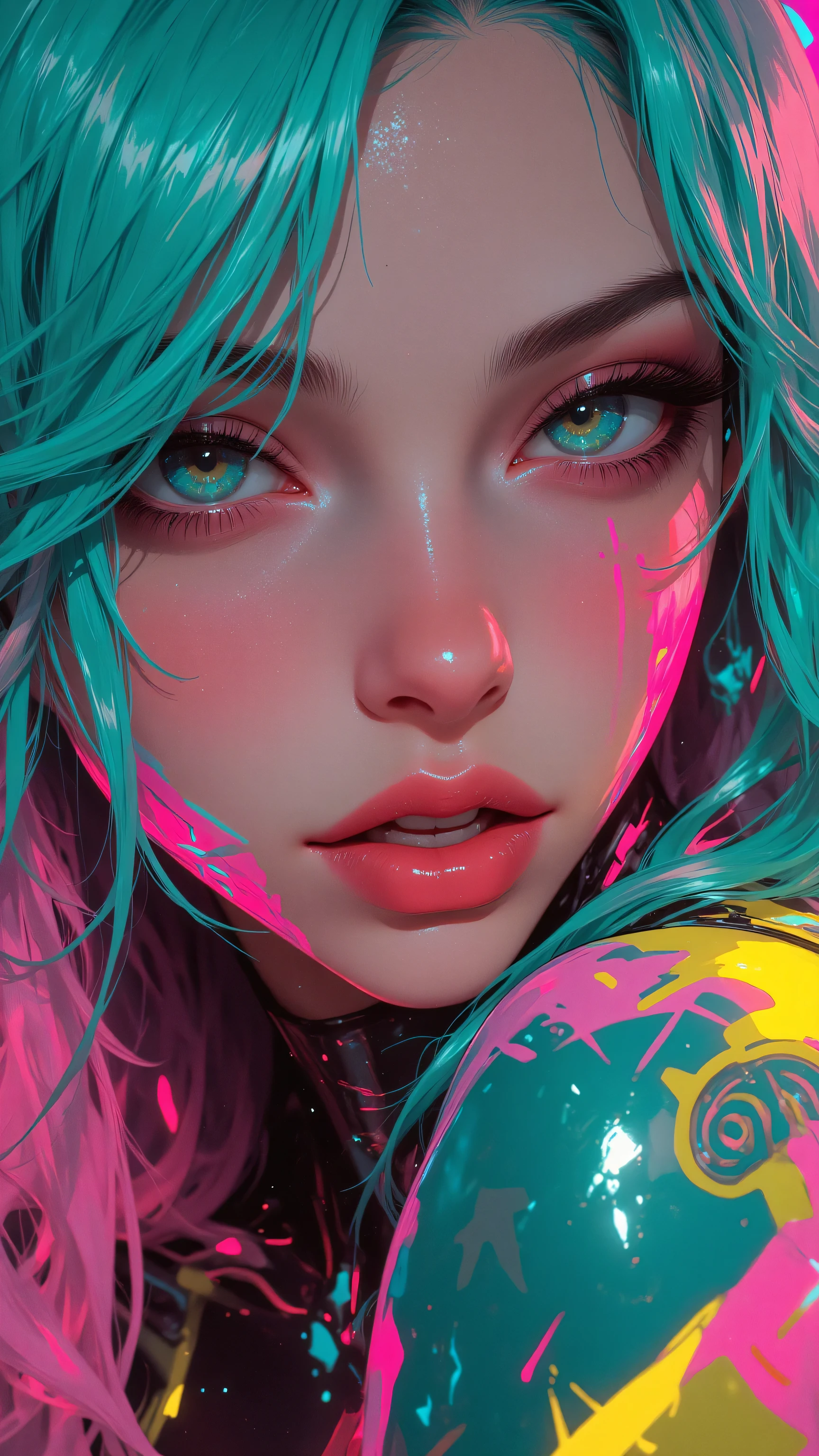 A woman with blue hair and neon makeup posing for a picture - SeaArt AI