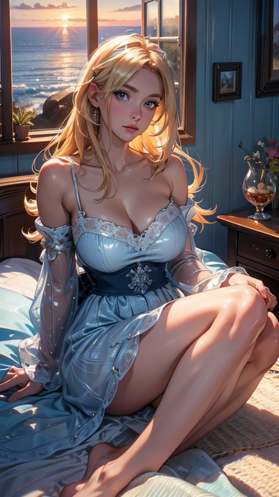 Masterpiece, high quality, 8k, ultra detail, 1 girl, ((jeanrnd)), blush, standing, (large breast), cleavage, (night gown:1.3), ((night)), off shoulders, off thigh,