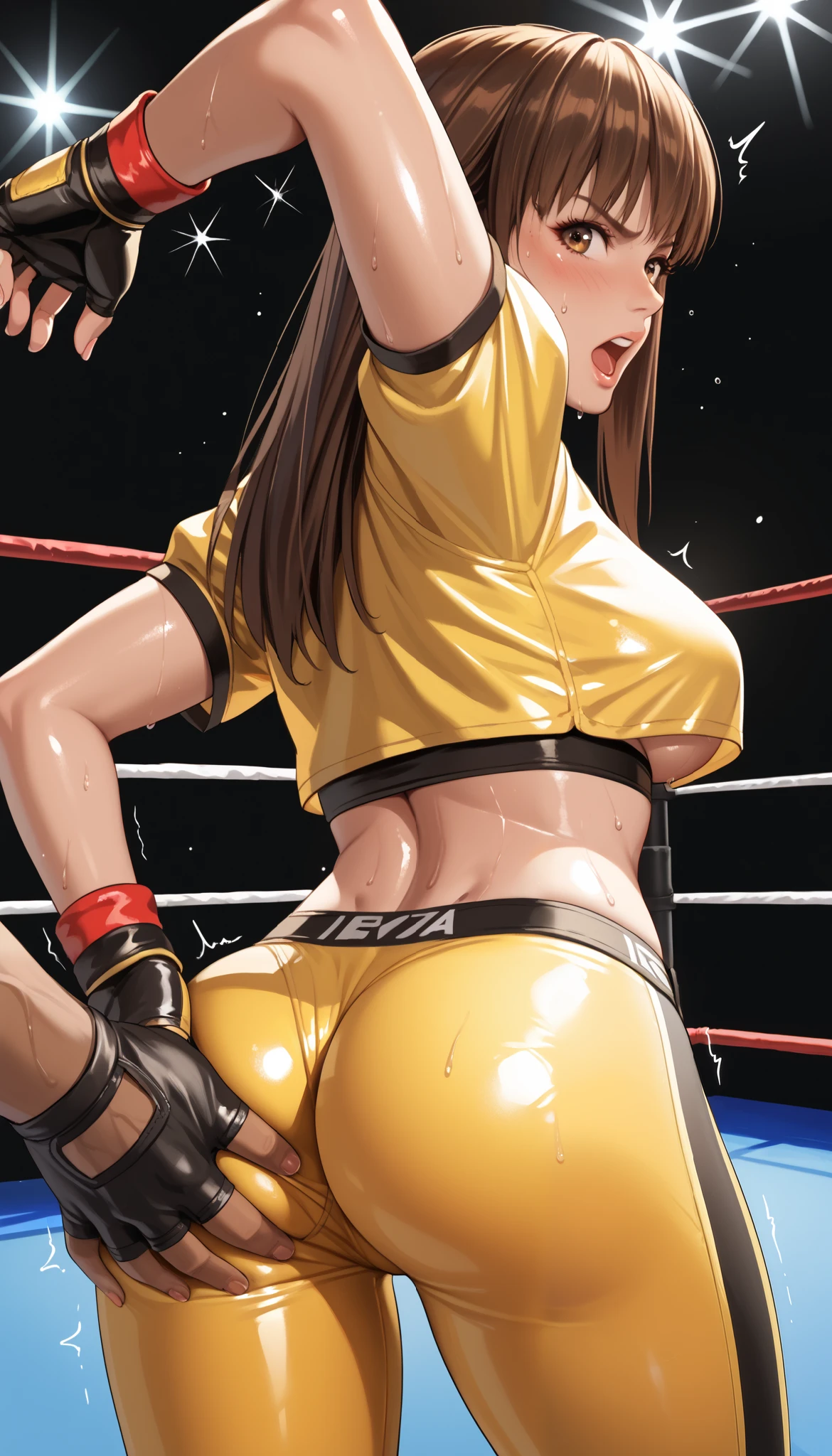 LeiFangDOA, brown hair, (long brown straight hair:1.5), shiny crop top, shiny yellow leggings, undressing leggings:1.7, short sleeves, fingerless gloves, breasts, looking back, armpits, gasp, be breathless, sweat, sparkling sweat, trembling, brown eyes, breasts, [[angry]], blush, {anguish}, {{shameful}}, wrestling ring, from behind, man grabbing ass, nsfw, bare ass:1.8, ass crack,