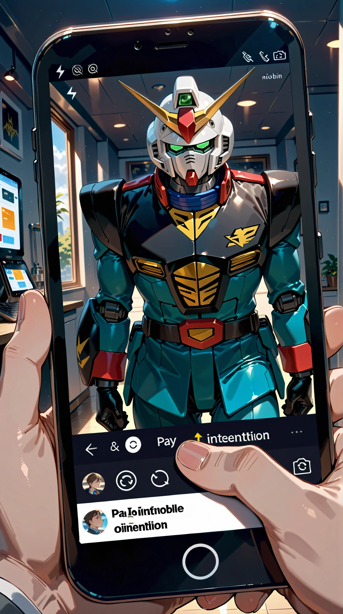 
((Best Quality)),( super high definition),(Super detailed),( detailed description ),((The best CG)),(masterpiece),Mobile Suit Gundam,A man in a suit holds a cell phone with Gundam printed on it, (Pay attention to mobile phones with Gundam printed on them:1.5)