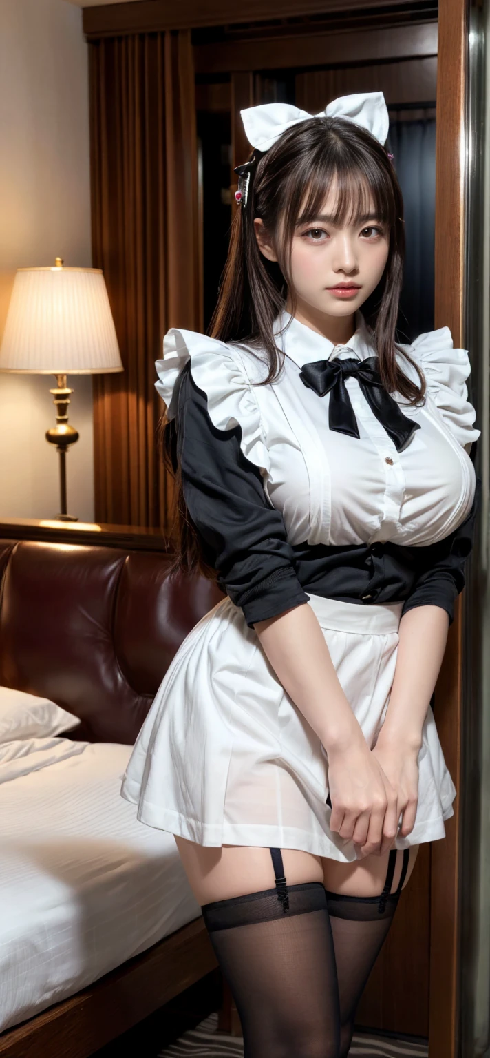 (high quality , Super detailed:1.2 ) , (Highly detailed beautiful face:1.2), ((Highest quality)), ((masterpiece)),((realistic:1.2)),smile ,beautiful woman,One girl, apron, bow, cube hair accessory, dress, Frills, Long Hair,  Maid, Maid apron, Maid headdress, Mary Jane, One side up, Pink Hair, Shadowed face, shoes, short dress, alone, Knee socks, white Knee socks, ((Natural big breasts:1.4)),((Upper Body:1.4))