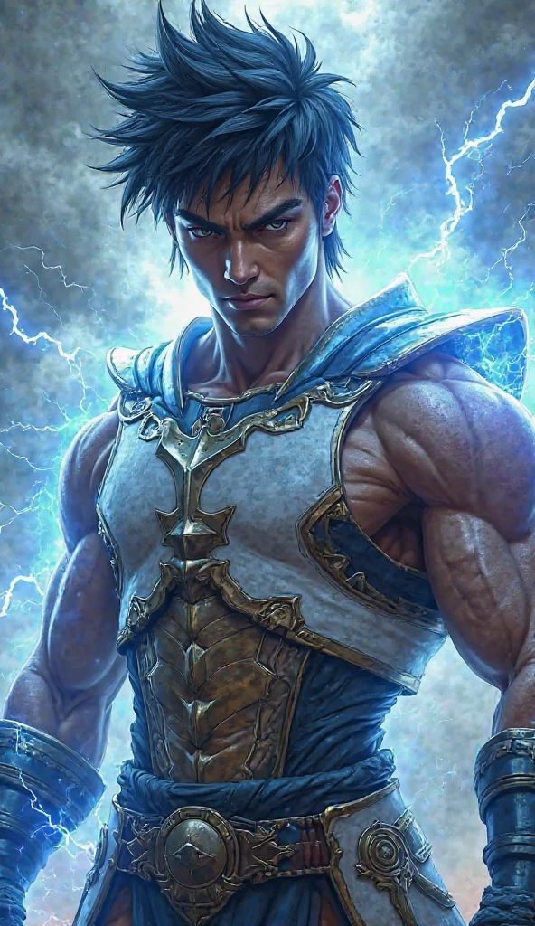Raul, known as "The Crimson Scourge", He is an imposing warrior, marked by a life of battles and tragedies. His armor, which was once a symbol of power, now it is in tatters, dented and torn, hanging precariously over his scarred, muscular body. The metal, stained with blood and soot, reflects the ravages of countless battles. Despite visible wear, His stance remains firm and defiant, a testimony to his unbreakable will.
His face is that of a man consumed by loss and pain.. Fatigue is evident in the shadows under his eyes and in the deep lines of his expression., But behind that tiredness burns an inextinguishable fury.. His dark eyes, filled with a burning hatred, They are the reflection of a tortured soul, while his tight lips reveal the bitterness of someone who has been pushed to the limit.
Raul está rodeado de rayos carmesí que crepitan en el aire, charged with a lively and dangerous energy. These rays, symbols of their power and their curse, They illuminate their figure with a sinister and vibrant glow. Each lightning strike on the ground causes tremors and an intense ozone aroma, intensifying the atmosphere of tension and violence that surrounds it.
Despite his worn appearance and obvious exhaustion, Raul sigue siendo una figura de imponente poder. His torn cape flutters in the wind, moved by the energy of the rays, like the flag of a warrior who refuses to surrender. It reflects the embodiment of tragedy and fury., A man whose anger and despair have made him a feared being., almost invincible, who fights not only against his enemies, but against the internal torment that consumes him.