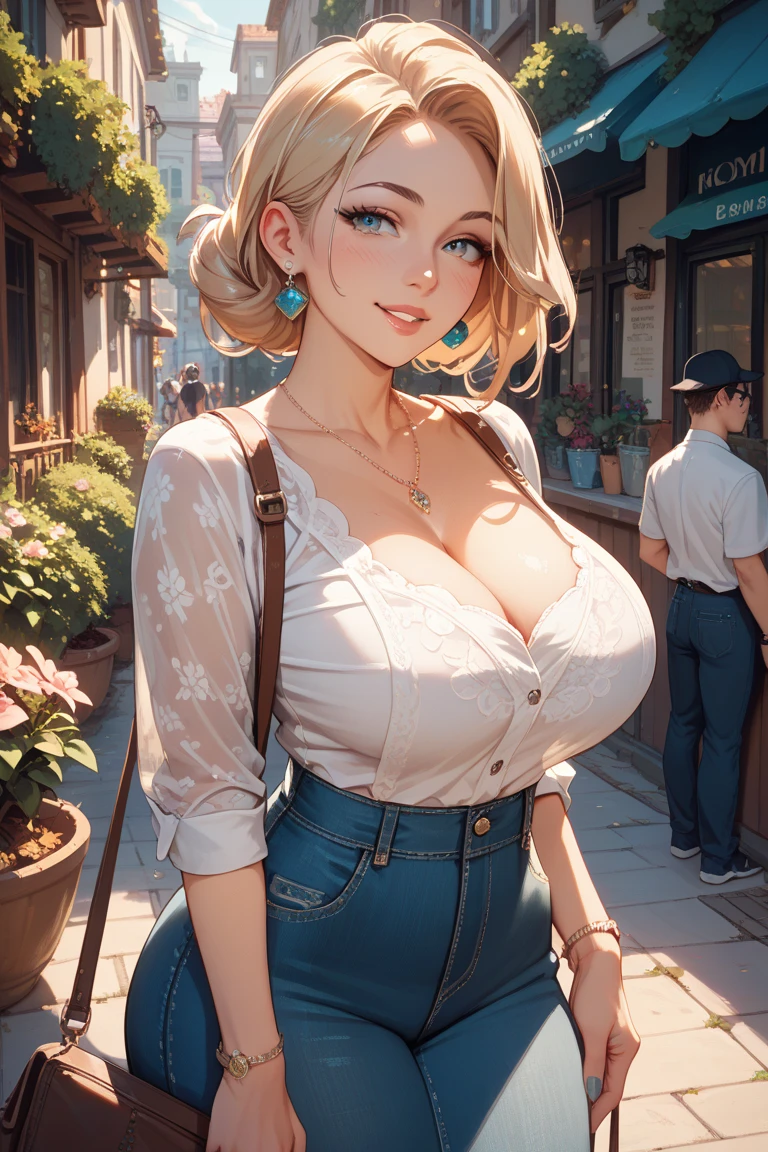 angle from below, a woman, straddling on the stone-bollard, (showing off her super detailed drawing pubic hair), (squirting), various patterned unbuttoned casual-dress , skirt, round face, eyes with realistic sizing, drooping eyes, enjoying masturbation, outside, eccentric pose, light-makeup, tiny earrings, blond, braid,